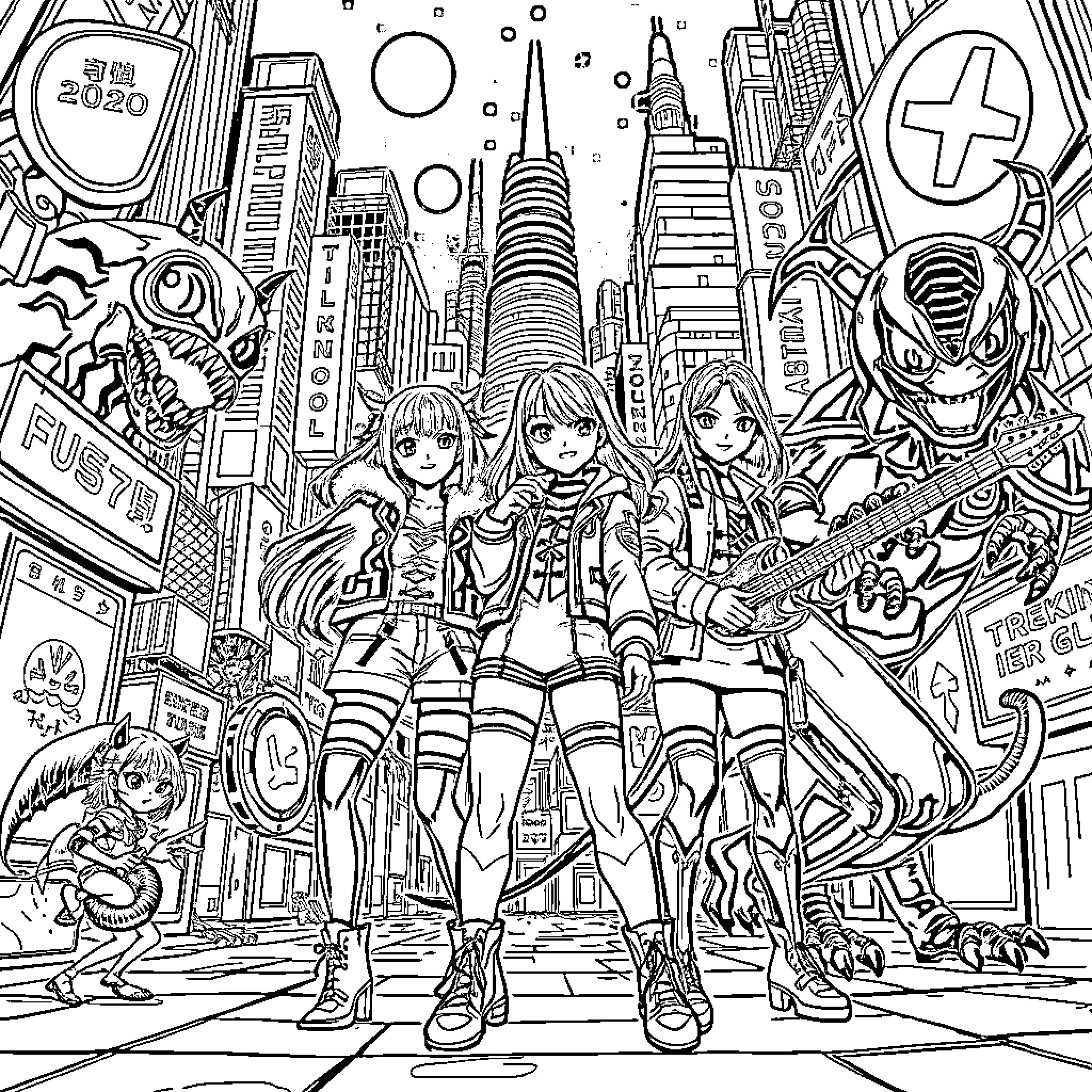 Rumi's Fantastical Adventure in the Futuristic City Coloring Page (free black-and-white line drawing printable PDF for all, from beginners to advanced learners, including children, teens, adults, and seniors)