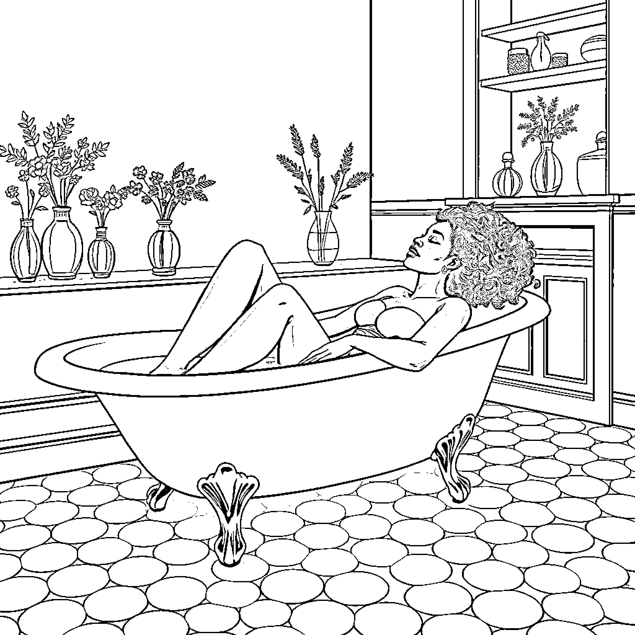 Woman relaxing in a cozy bathtub surrounded by flowers Coloring Page (free black-and-white line drawing printable PDF for all, from beginners to advanced learners, including children, teens, adults, and seniors)