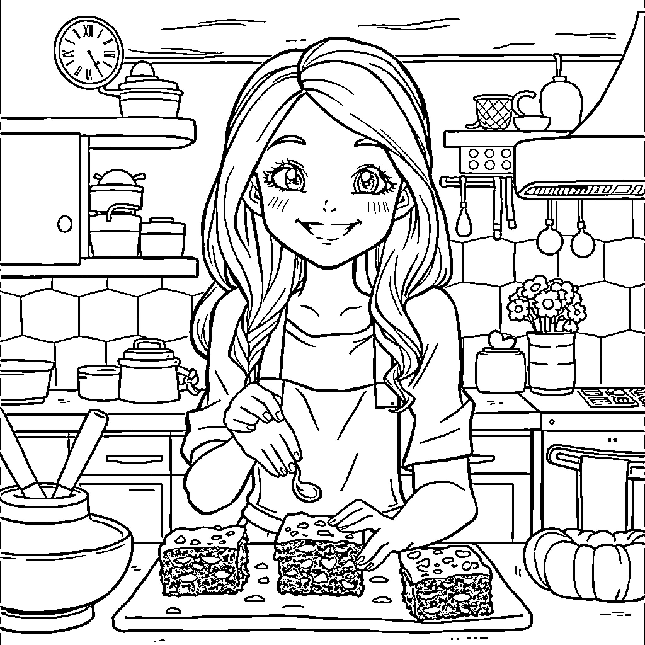 Girl baking delicious treats in the kitchen Coloring Page (free black-and-white line drawing printable PDF for all, from beginners to advanced learners, including children, teens, adults, and seniors)