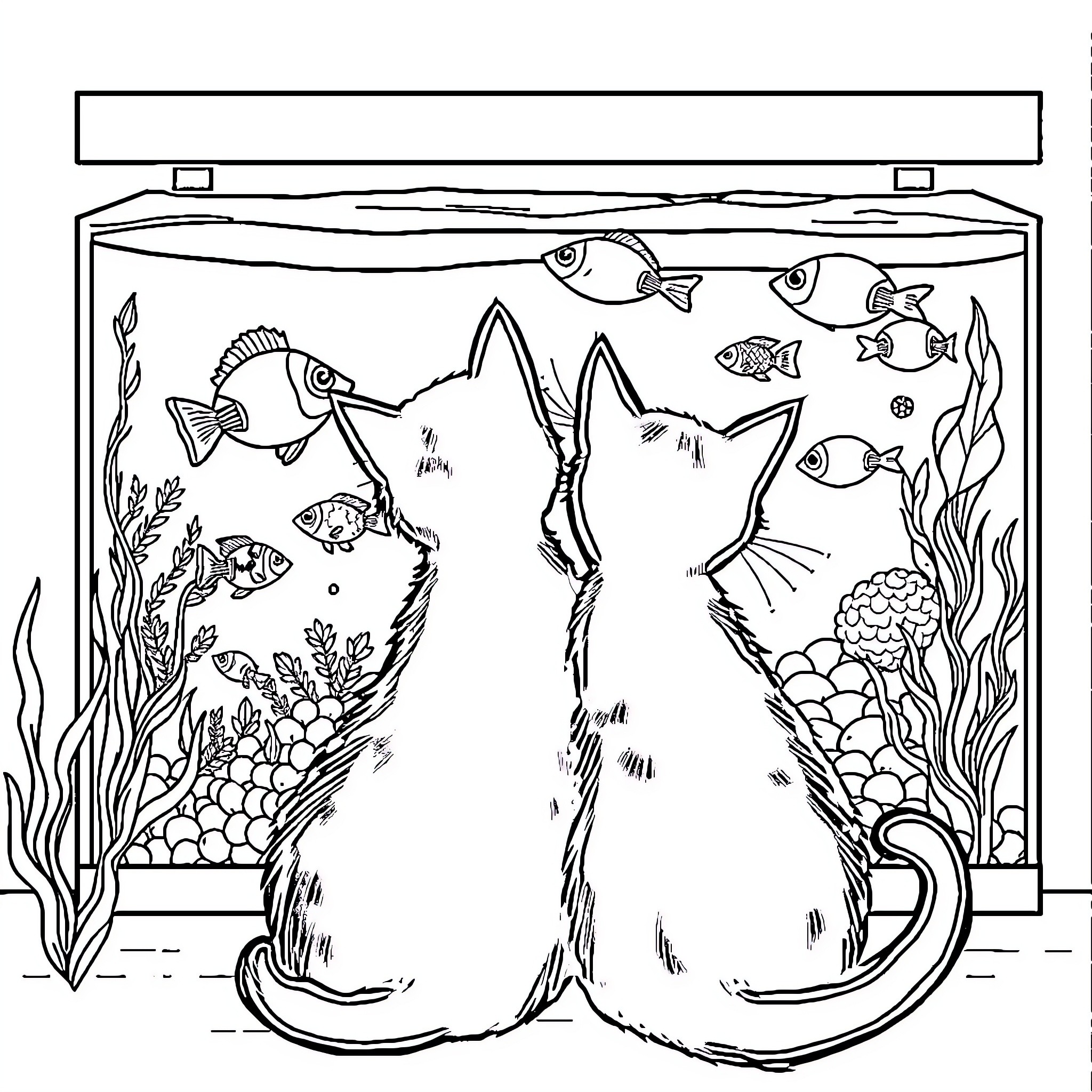 Cats gazing at underwater scene in aquarium Coloring Page (free black-and-white line drawing printable PDF for all, from beginners to advanced learners, including children, teens, adults, and seniors)