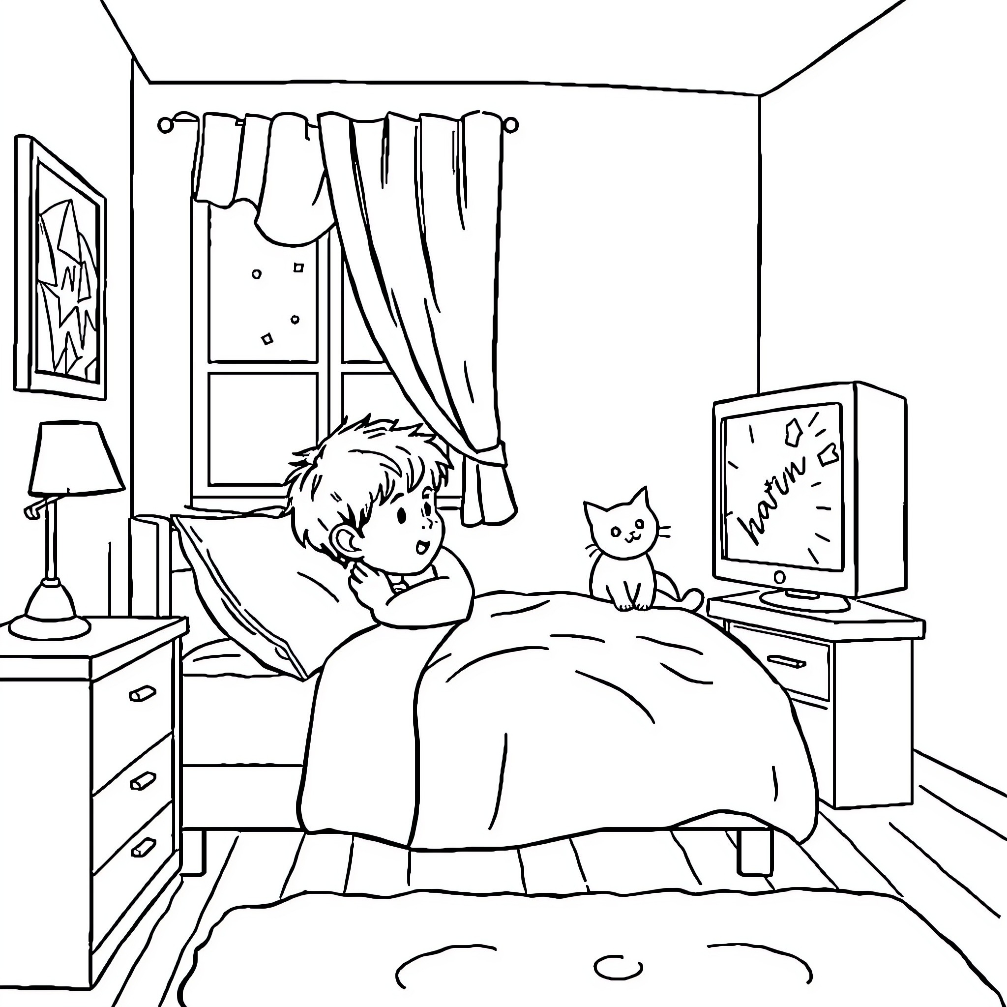 Enfant relaxing with pet cat watching TV Coloring Page (free black-and-white line drawing printable PDF for all, from beginners to advanced learners, including children, teens, adults, and seniors)