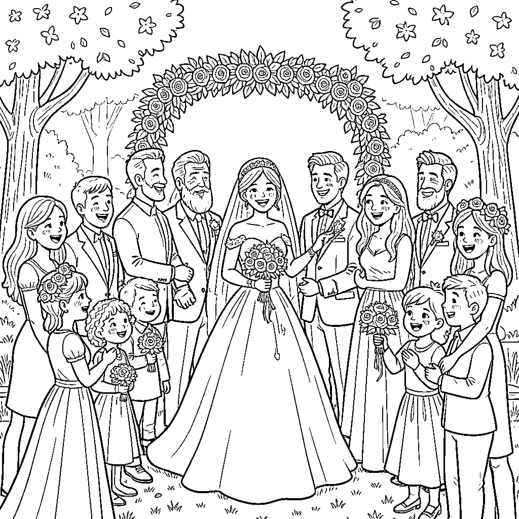 Marriage Celebration with Family and Friends Coloring Page (free black-and-white line drawing printable PDF for all, from beginners to advanced learners, including children, teens, adults, and seniors)