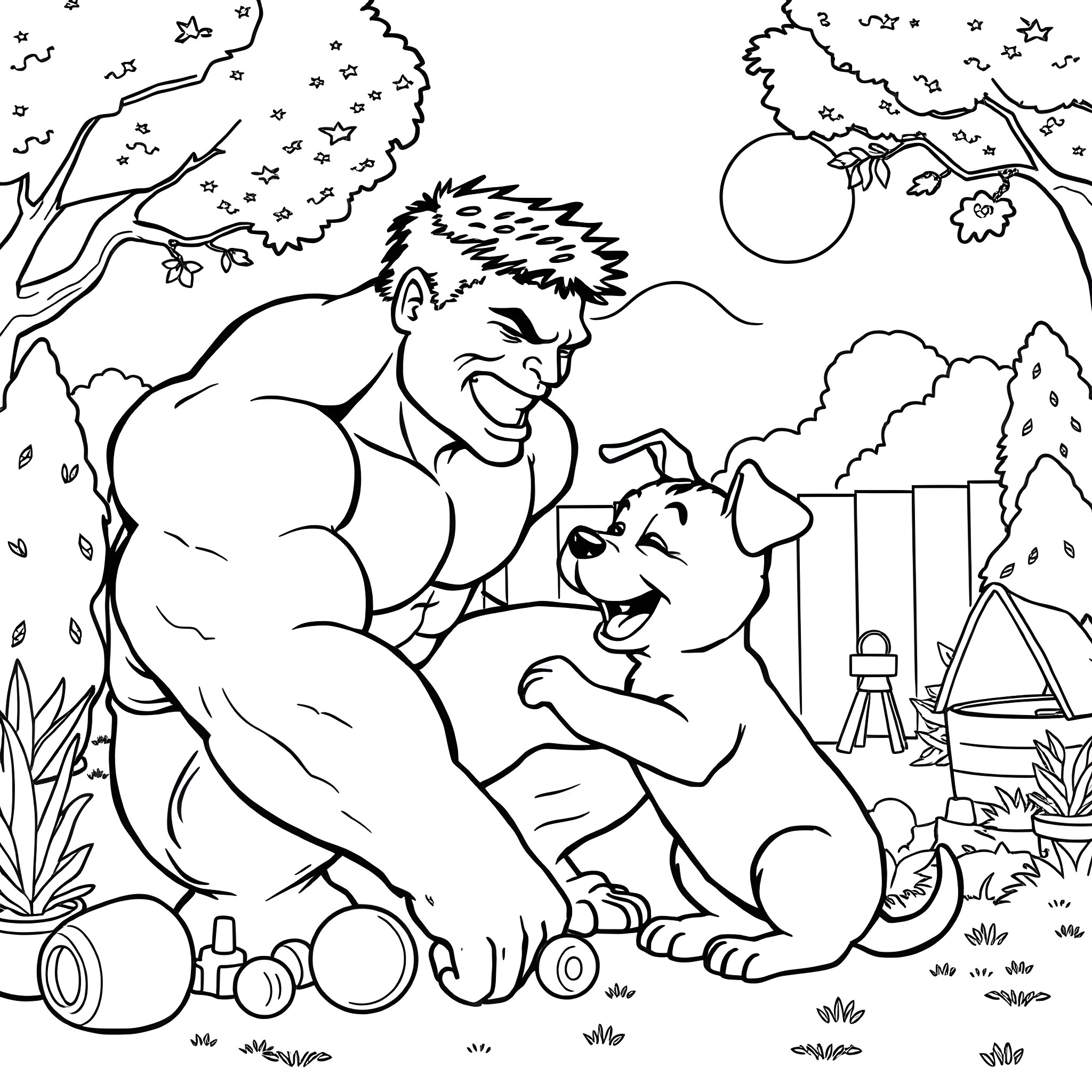 Hulk playing with a furry companion in nature Coloring Page (free black-and-white line drawing printable PDF for all, from beginners to advanced learners, including children, teens, adults, and seniors)