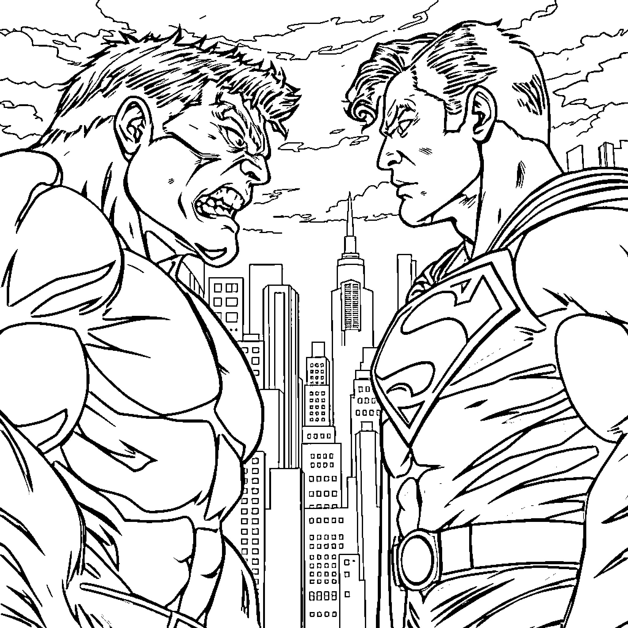 Hulk and Superman heroic clash in the city Coloring Page (free black-and-white line drawing printable PDF for all, from beginners to advanced learners, including children, teens, adults, and seniors)
