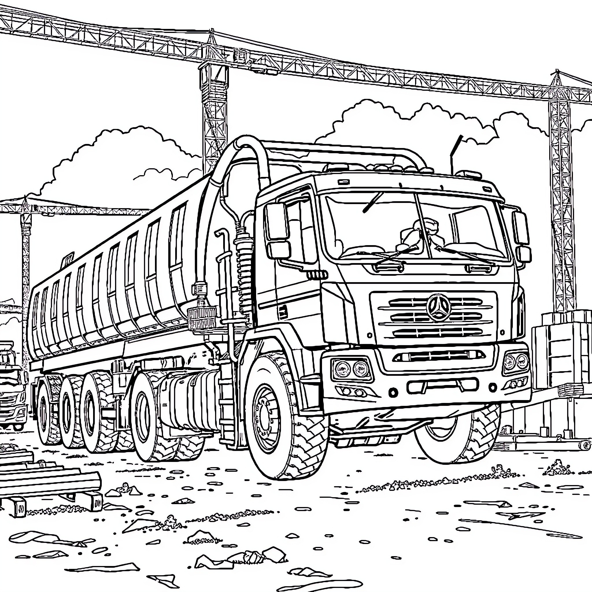 Construction Truck Hauling Materials on Site Coloring Page (free black-and-white line drawing printable PDF for all, from beginners to advanced learners, including children, teens, adults, and seniors)