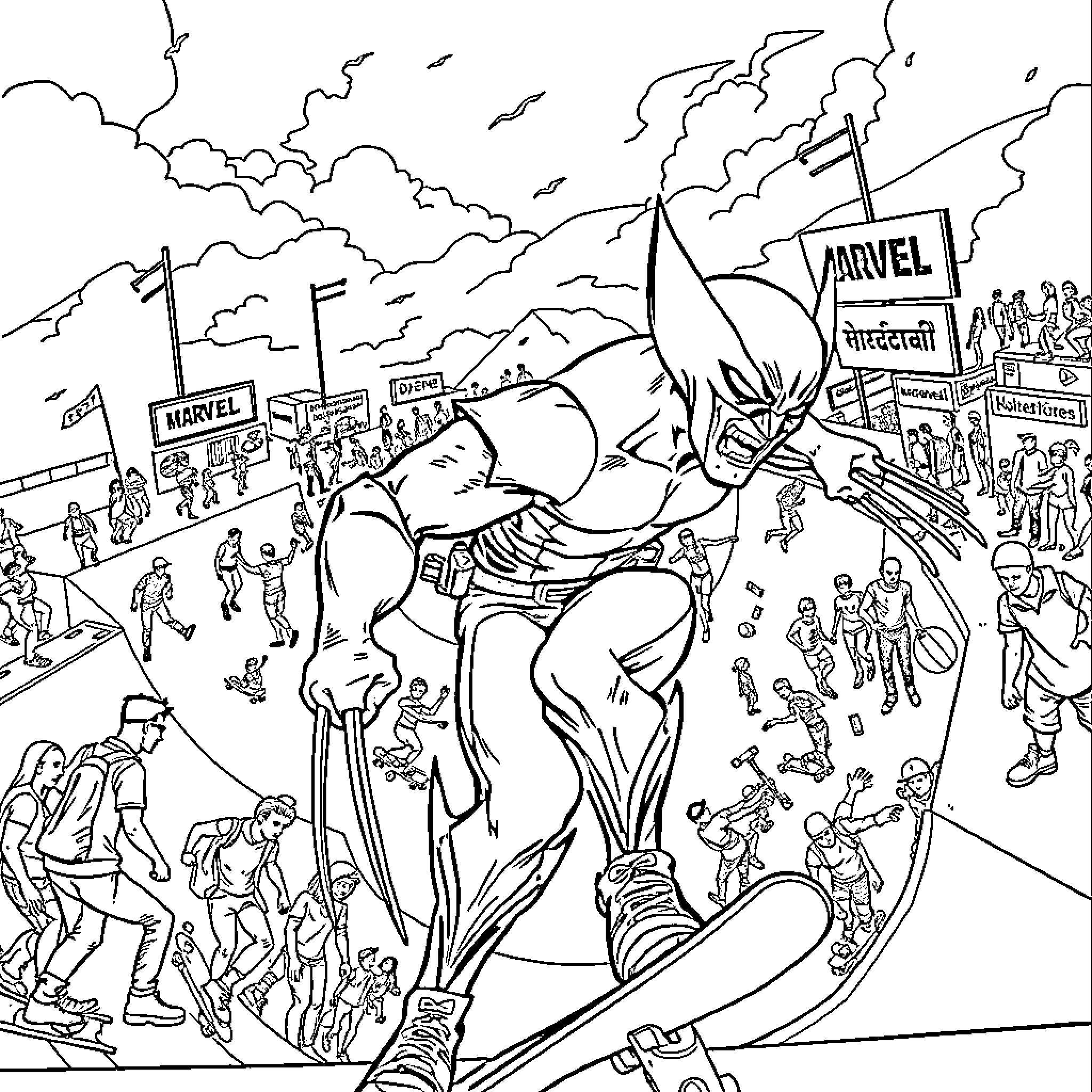 Wolverine fighting crime in the city Coloring Page (free black-and-white line drawing printable PDF for all, from beginners to advanced learners, including children, teens, adults, and seniors)