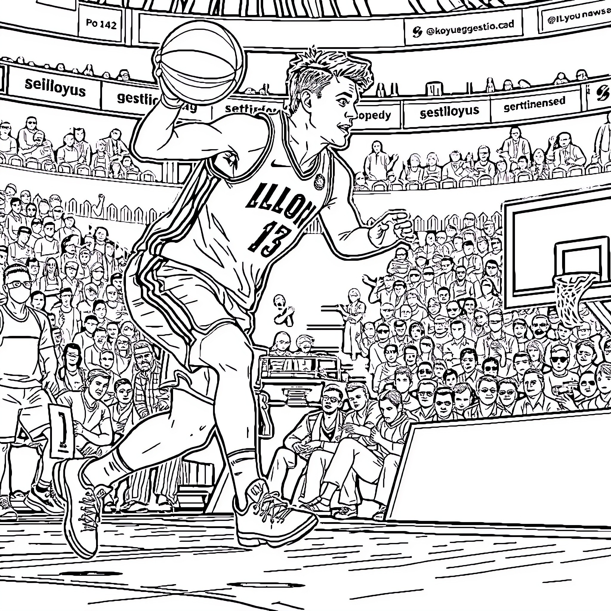 Luka Doncic playing basketball in an intense game Coloring Page (free black-and-white line drawing printable PDF for all, from beginners to advanced learners, including children, teens, adults, and seniors)