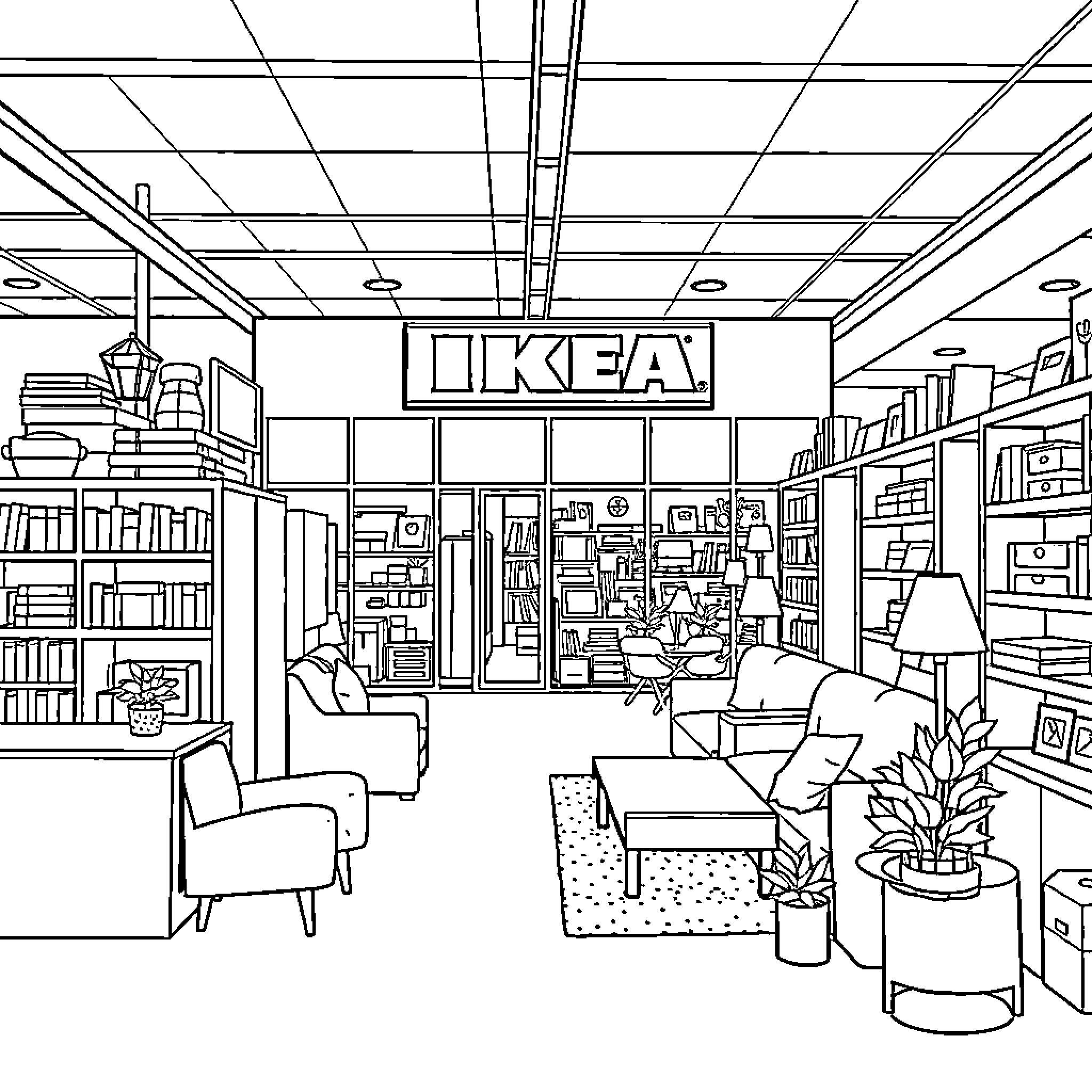 Ikea interior with furniture and decor Coloring Page (free black-and-white line drawing printable PDF for all, from beginners to advanced learners, including children, teens, adults, and seniors)