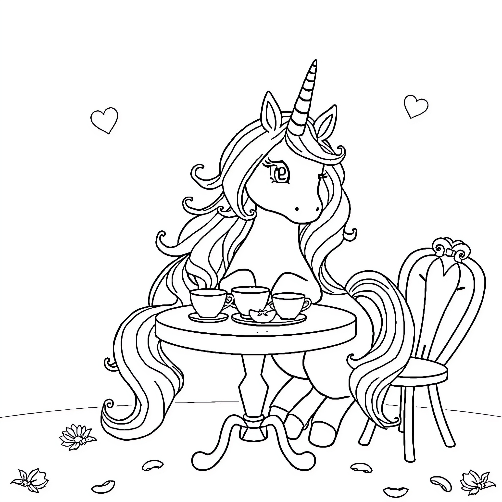 Unicorn enjoying tea time with hearts and flowers Coloring Page (free black-and-white line drawing printable PDF for all, from beginners to advanced learners, including children, teens, adults, and seniors)