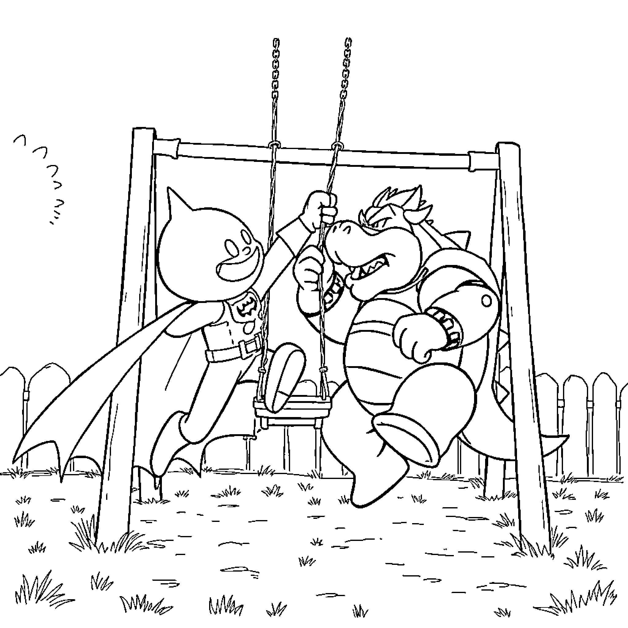 Batman-inspired characters in an outdoor playground scene Coloring Page (free black-and-white line drawing printable PDF for all, from beginners to advanced learners, including children, teens, adults, and seniors)