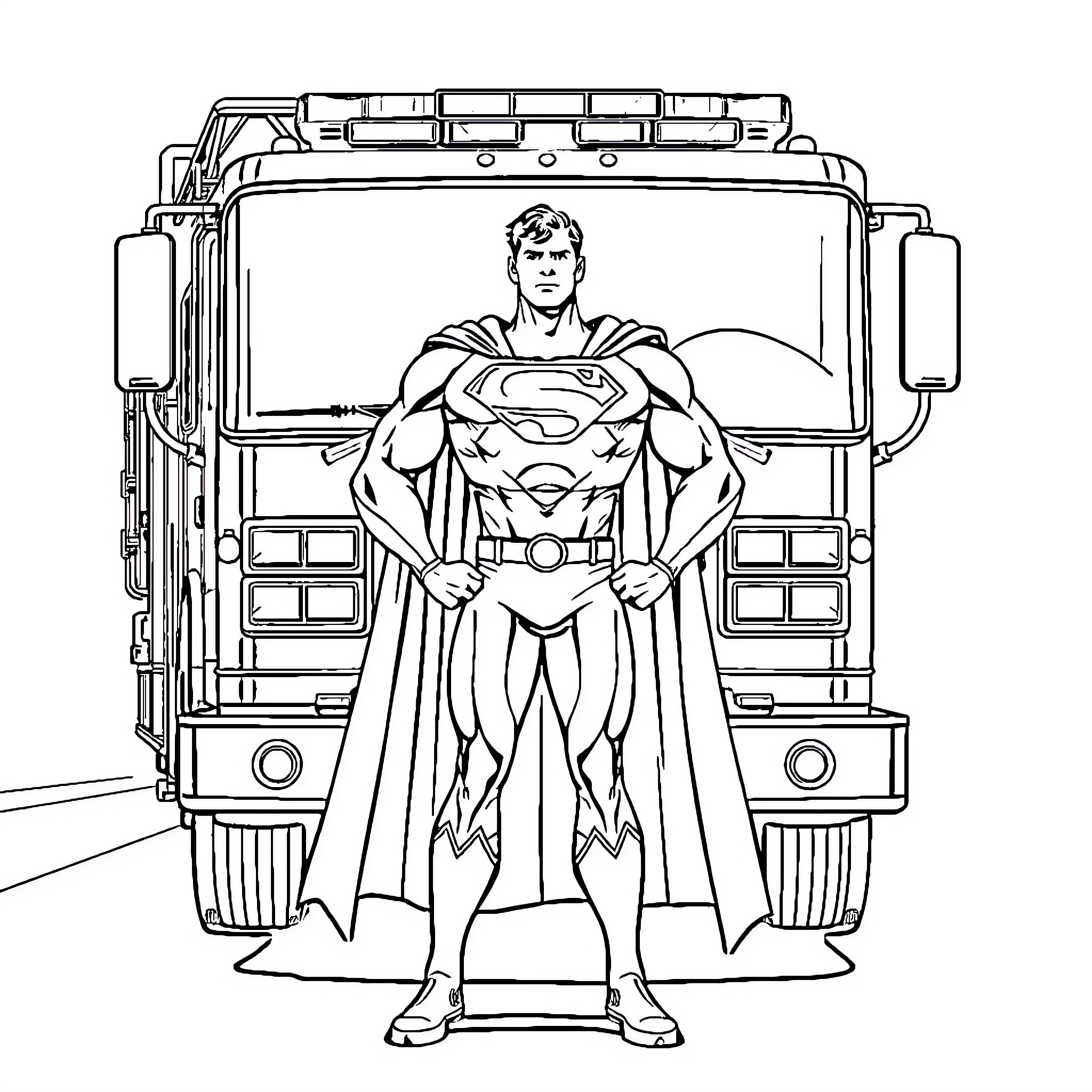 Superman standing heroically in front of a large vehicle Coloring Page (free black-and-white line drawing printable PDF for all, from beginners to advanced learners, including children, teens, adults, and seniors)