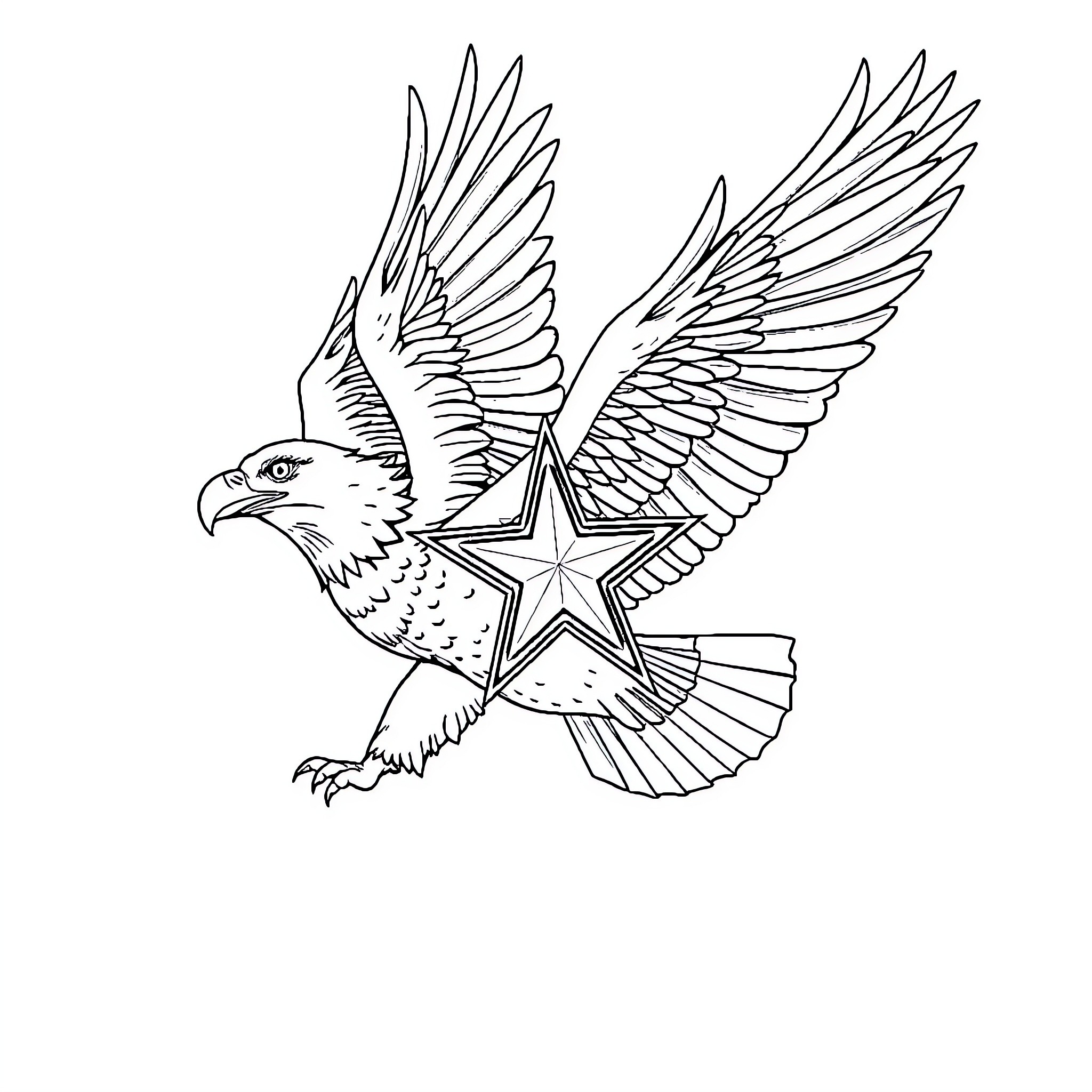 Eagle with outstretched wings and a star Coloring Page (free black-and-white line drawing printable PDF for all, from beginners to advanced learners, including children, teens, adults, and seniors)