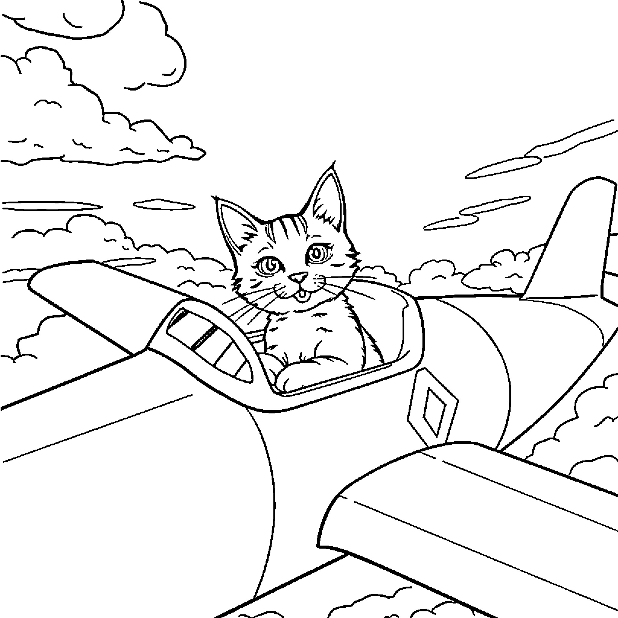 Flying Cat piloting a plane in the sky Coloring Page (free black-and-white line drawing printable PDF for all, from beginners to advanced learners, including children, teens, adults, and seniors)