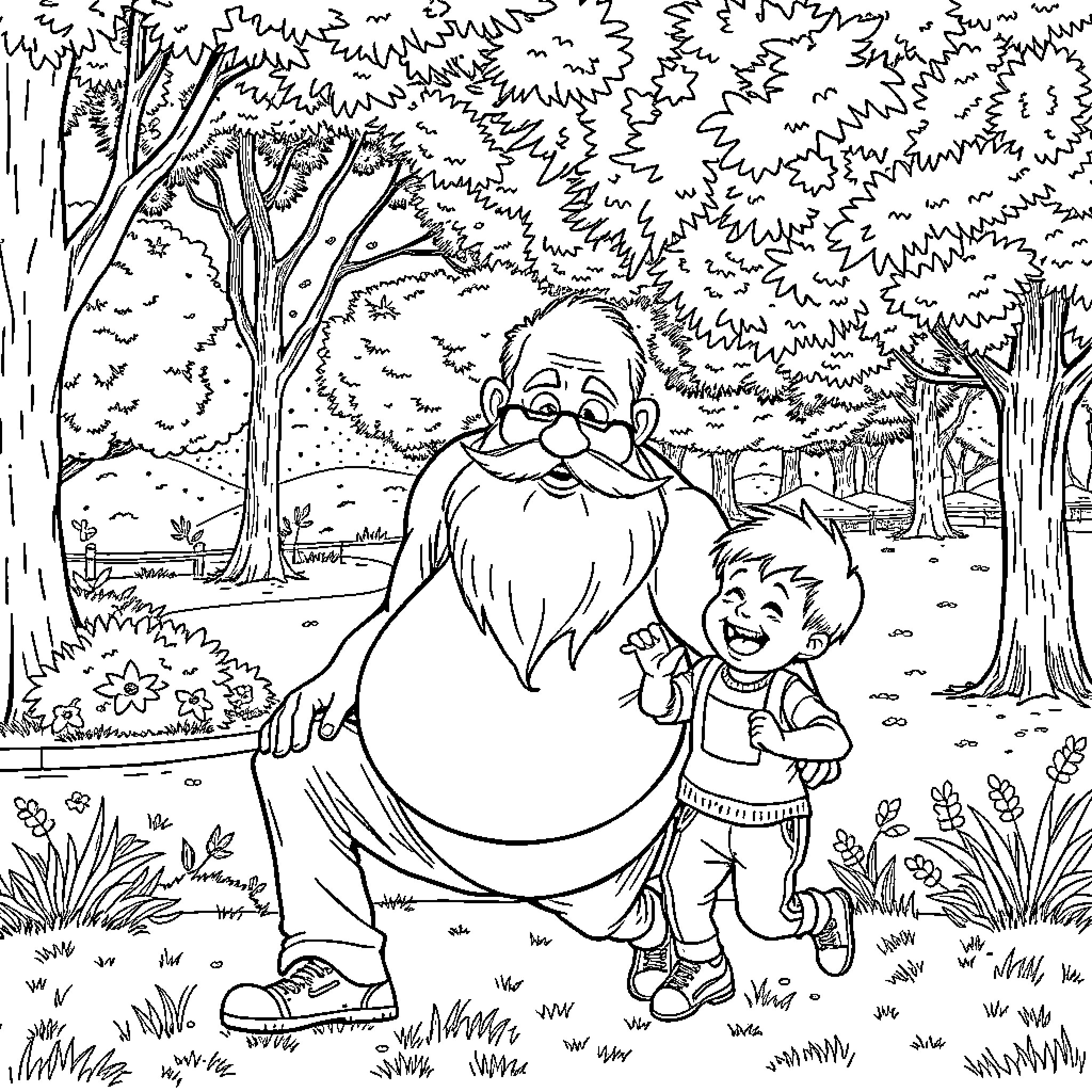Grandfather and grandson exploring the forest together Coloring Page (free black-and-white line drawing printable PDF for all, from beginners to advanced learners, including children, teens, adults, and seniors)