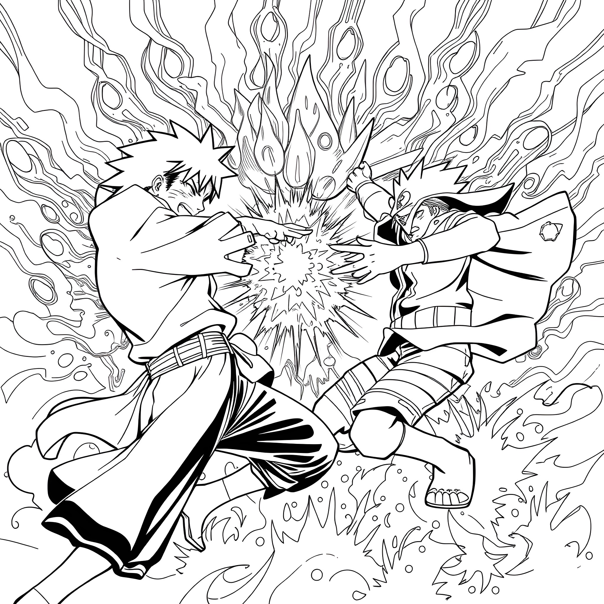 Ichigo's Explosive Battle with a Formidable Opponent Coloring Page (free black-and-white line drawing printable PDF for all, from beginners to advanced learners, including children, teens, adults, and seniors)
