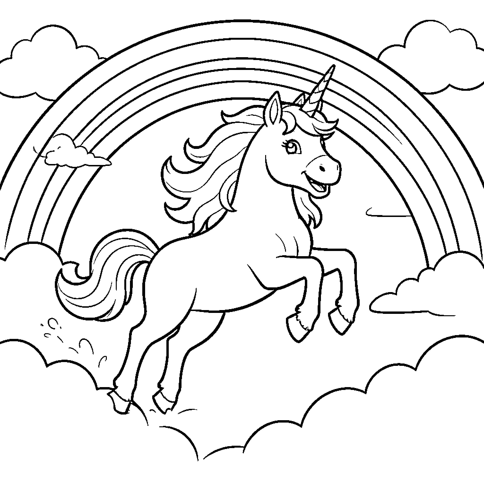 Unicorn jumping joyfully through clouds and rainbows Coloring Page (free black-and-white line drawing printable PDF for all, from beginners to advanced learners, including children, teens, adults, and seniors)