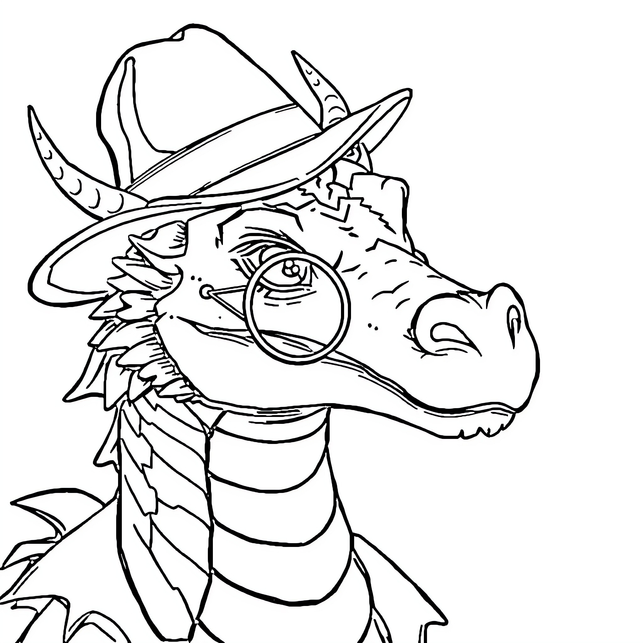 Dragon Wearing Cowboy Hat in Black and White Coloring Page (free black-and-white line drawing printable PDF for all, from beginners to advanced learners, including children, teens, adults, and seniors)