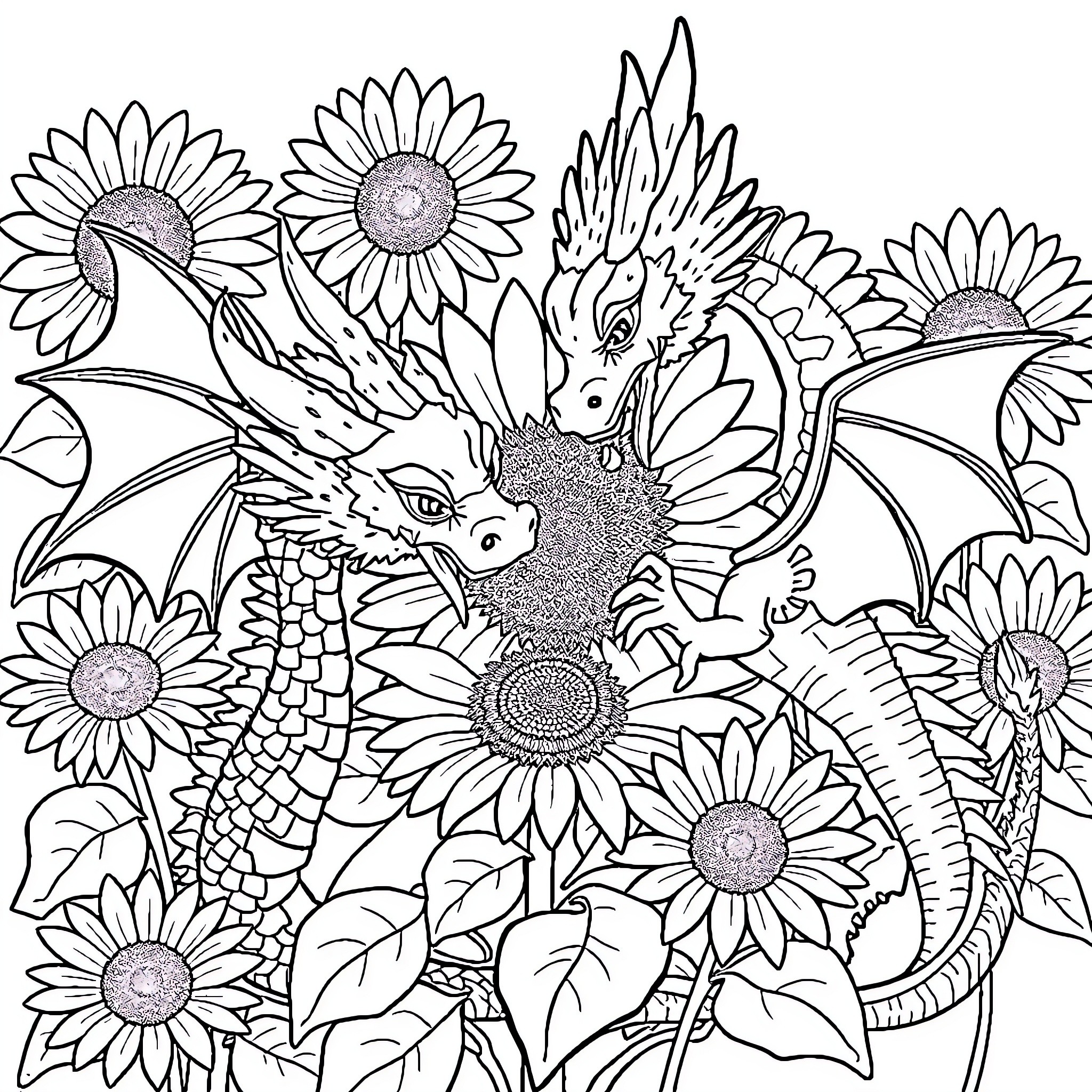 Dragon surrounded by sunflowers and nature Coloring Page (free black-and-white line drawing printable PDF for all, from beginners to advanced learners, including children, teens, adults, and seniors)