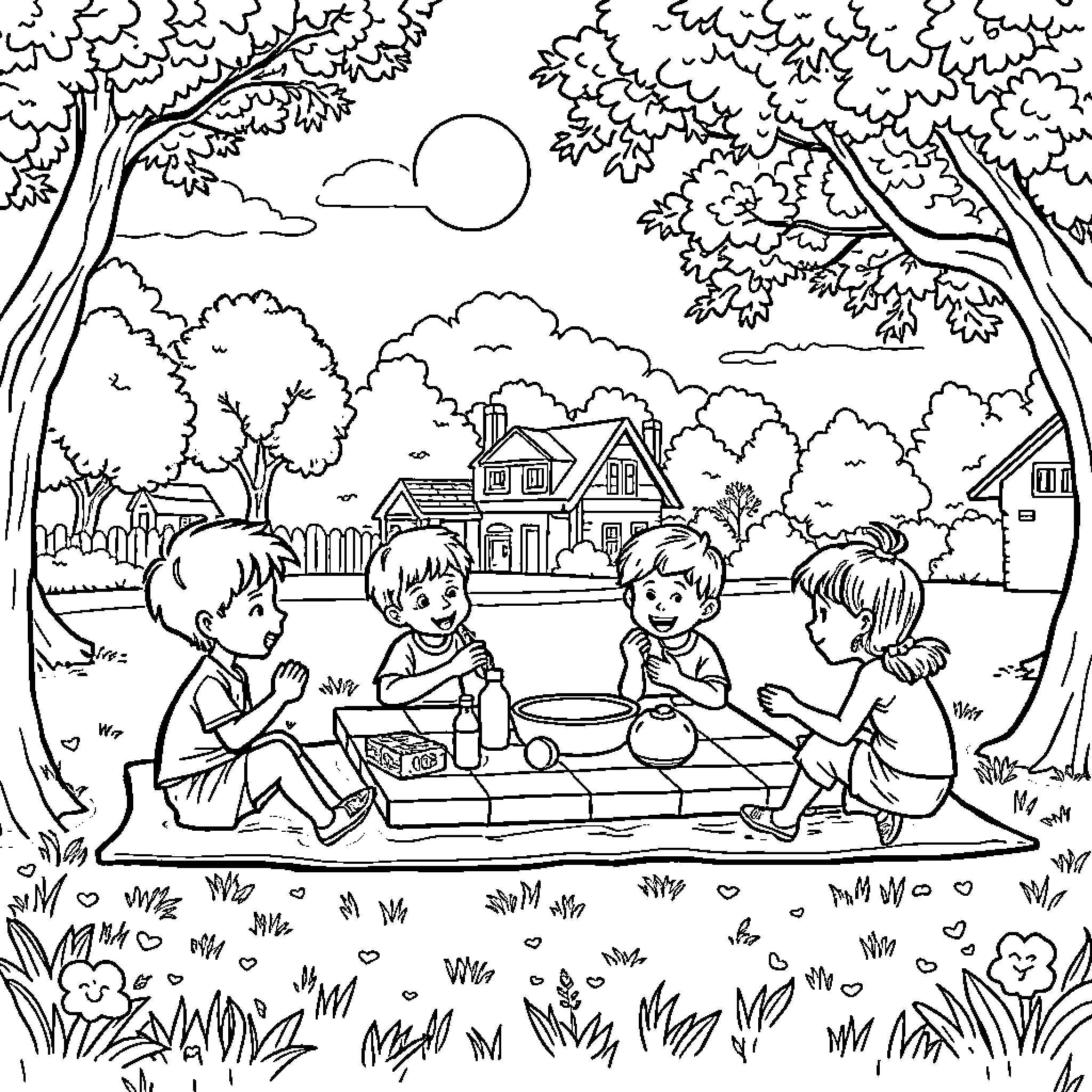 Kid's Picnic in the Peaceful Park Coloring Page (free black-and-white line drawing printable PDF for all, from beginners to advanced learners, including children, teens, adults, and seniors)