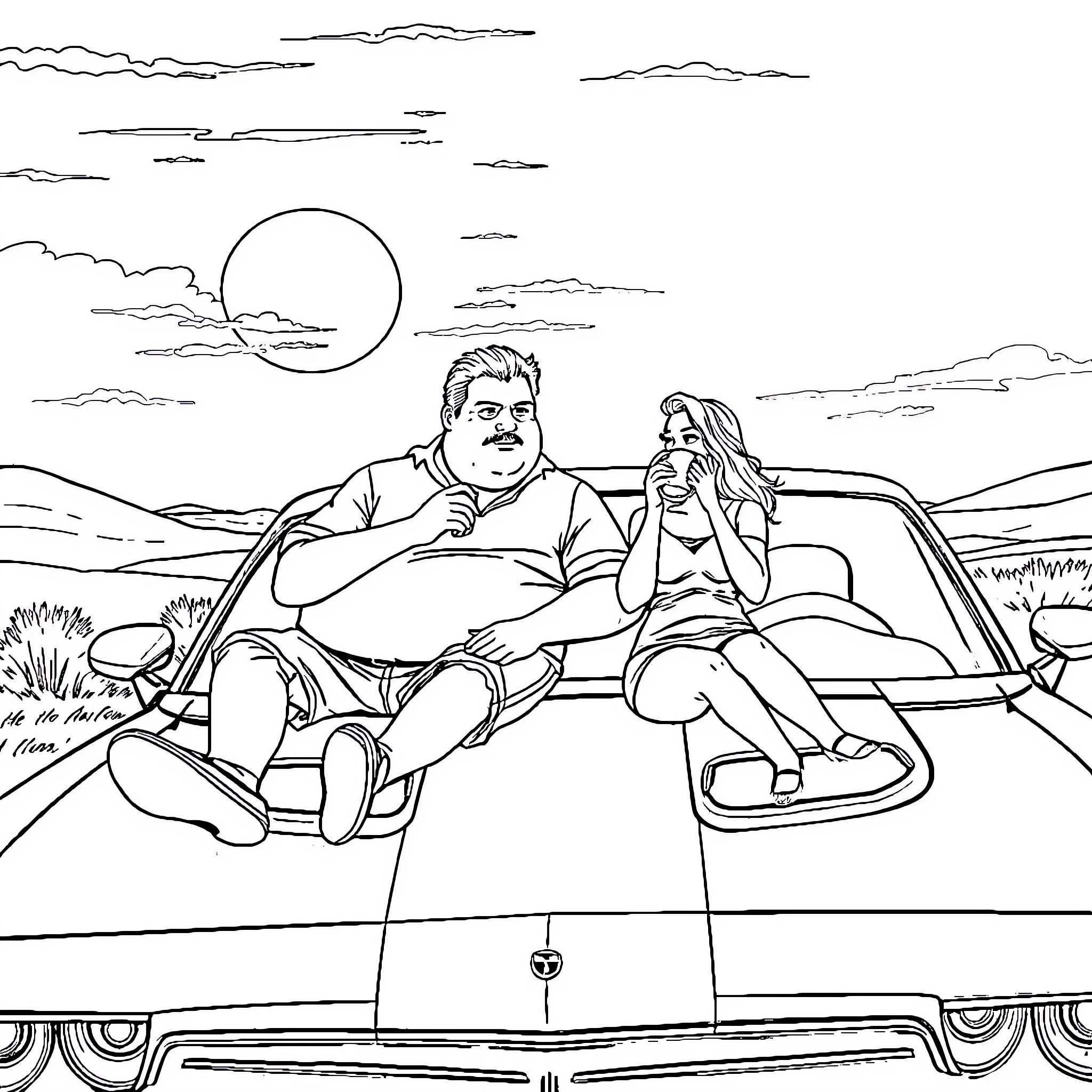 Couple enjoying a scenic road trip at night Coloring Page (free black-and-white line drawing printable PDF for all, from beginners to advanced learners, including children, teens, adults, and seniors)