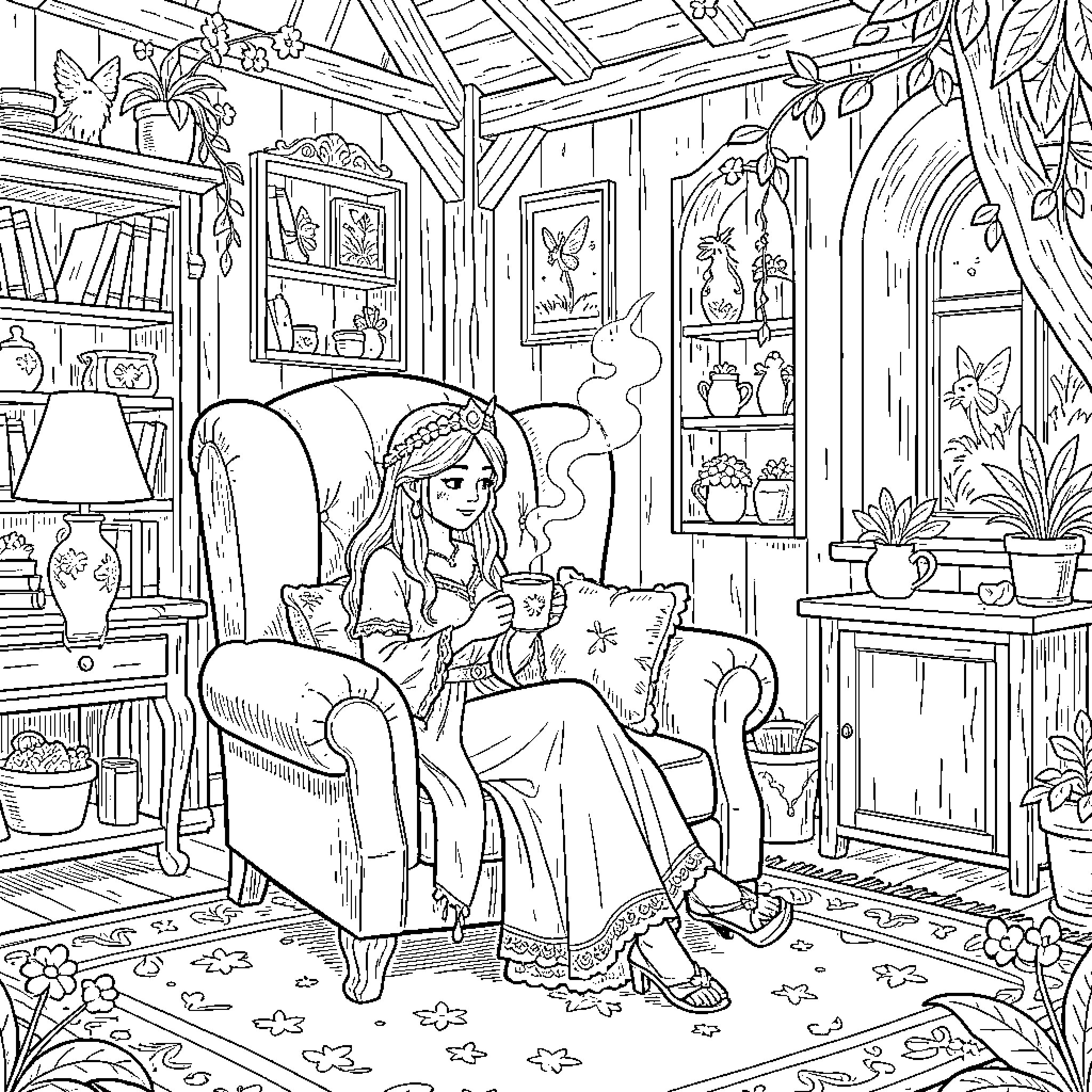 Hada Relaxing in a Cozy Cottage Coloring Page (free black-and-white line drawing printable PDF for all, from beginners to advanced learners, including children, teens, adults, and seniors)