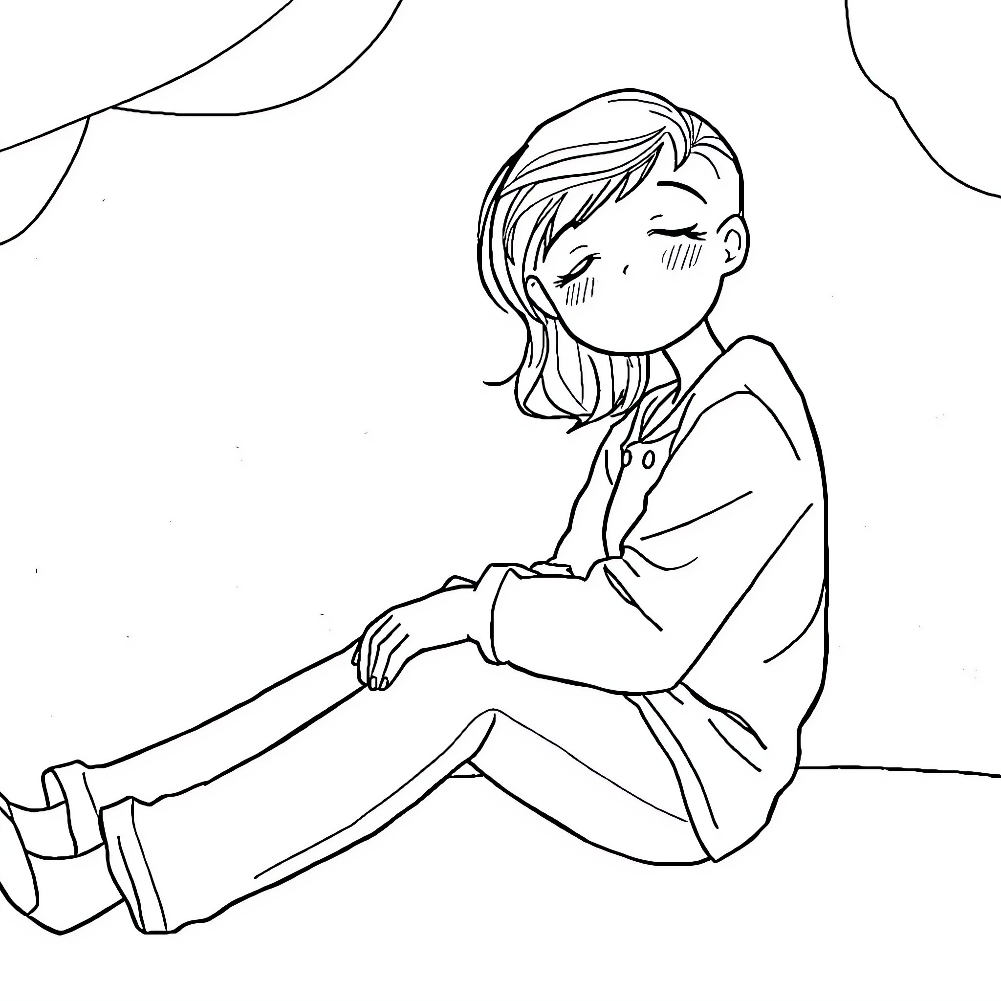 Person sitting alone and contemplating Coloring Page (free black-and-white line drawing printable PDF for all, from beginners to advanced learners, including children, teens, adults, and seniors)