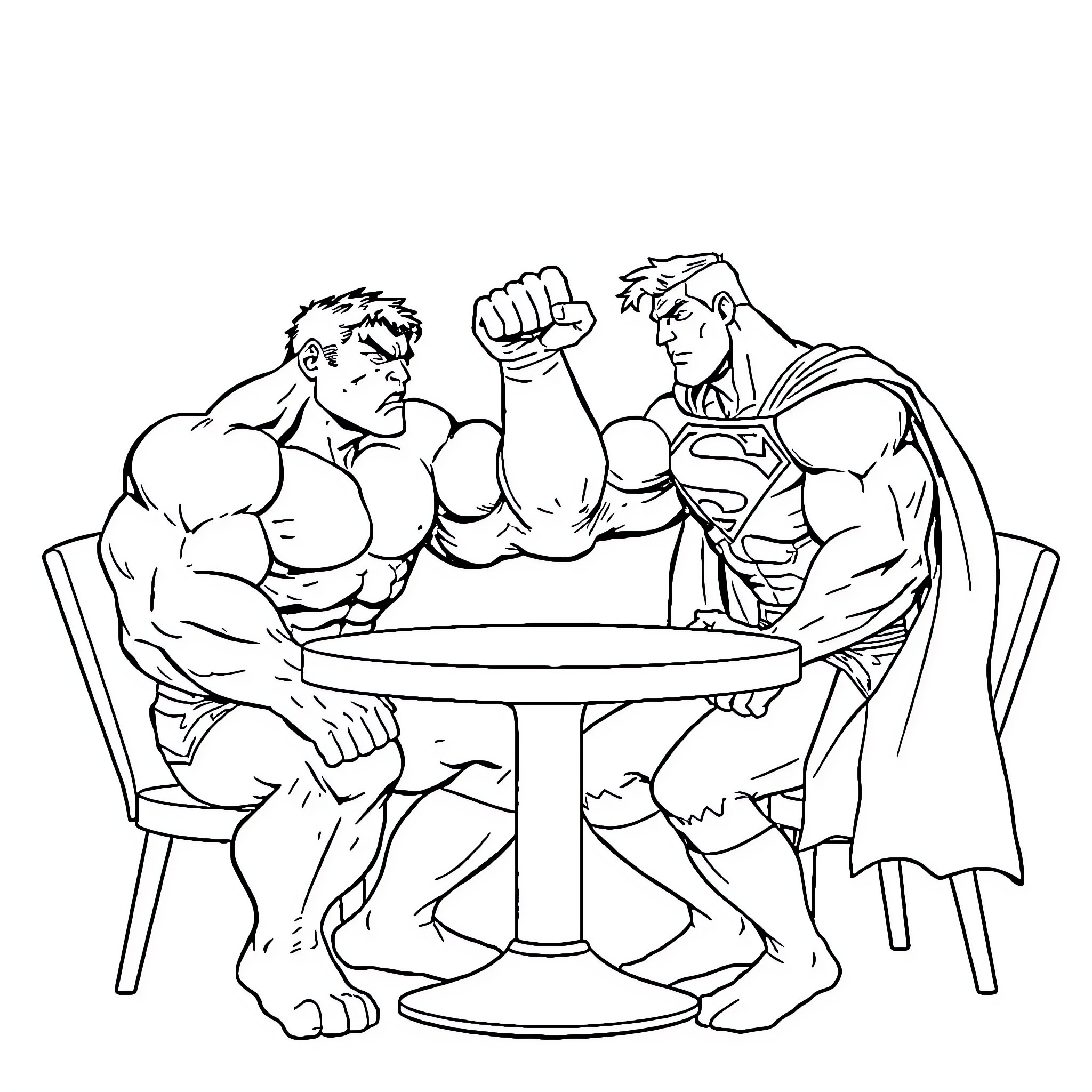 Hulk and Superman arm wrestling on table Coloring Page (free black-and-white line drawing printable PDF for all, from beginners to advanced learners, including children, teens, adults, and seniors)