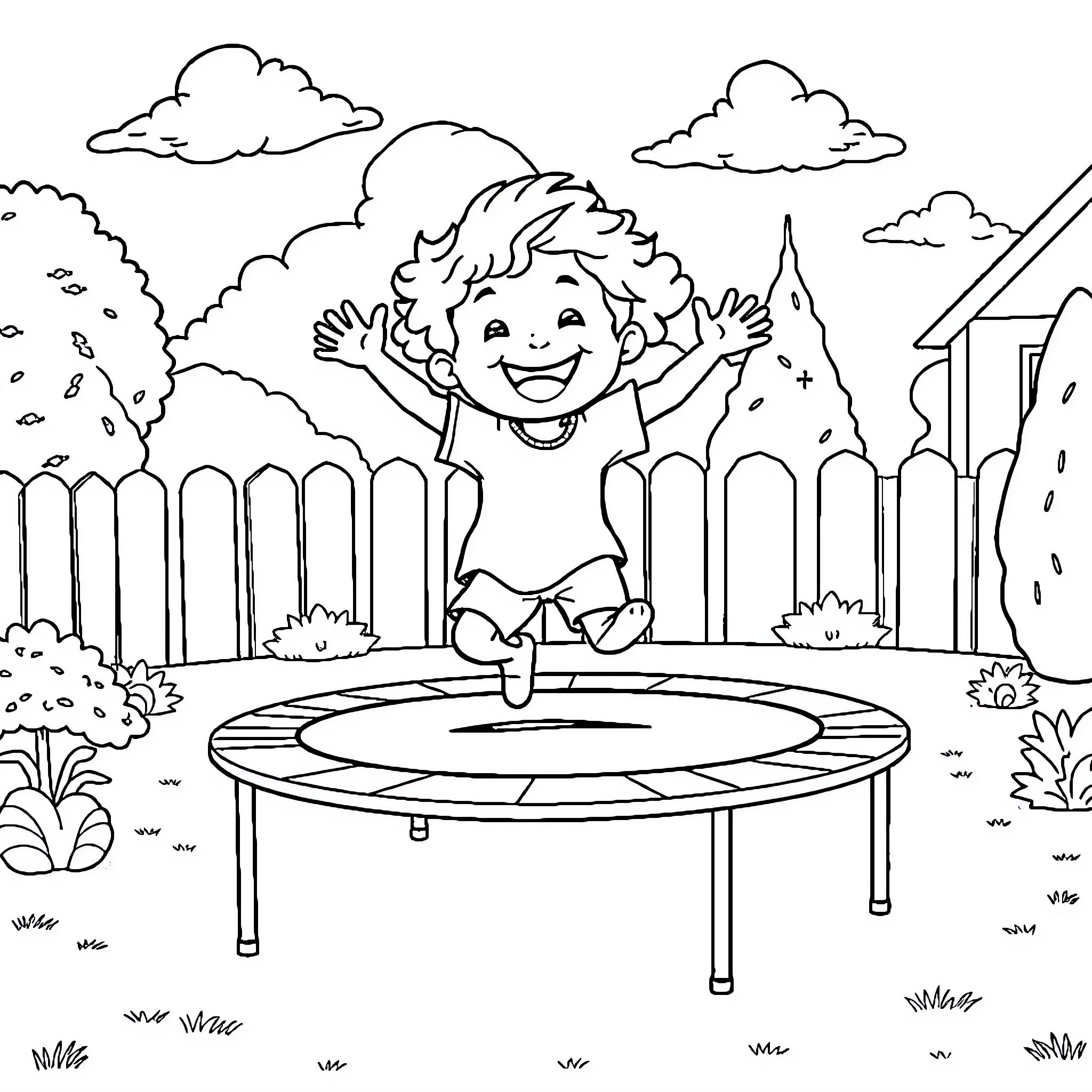 Boy happily jumping on trampoline in backyard Coloring Page (free black-and-white line drawing printable PDF for all, from beginners to advanced learners, including children, teens, adults, and seniors)