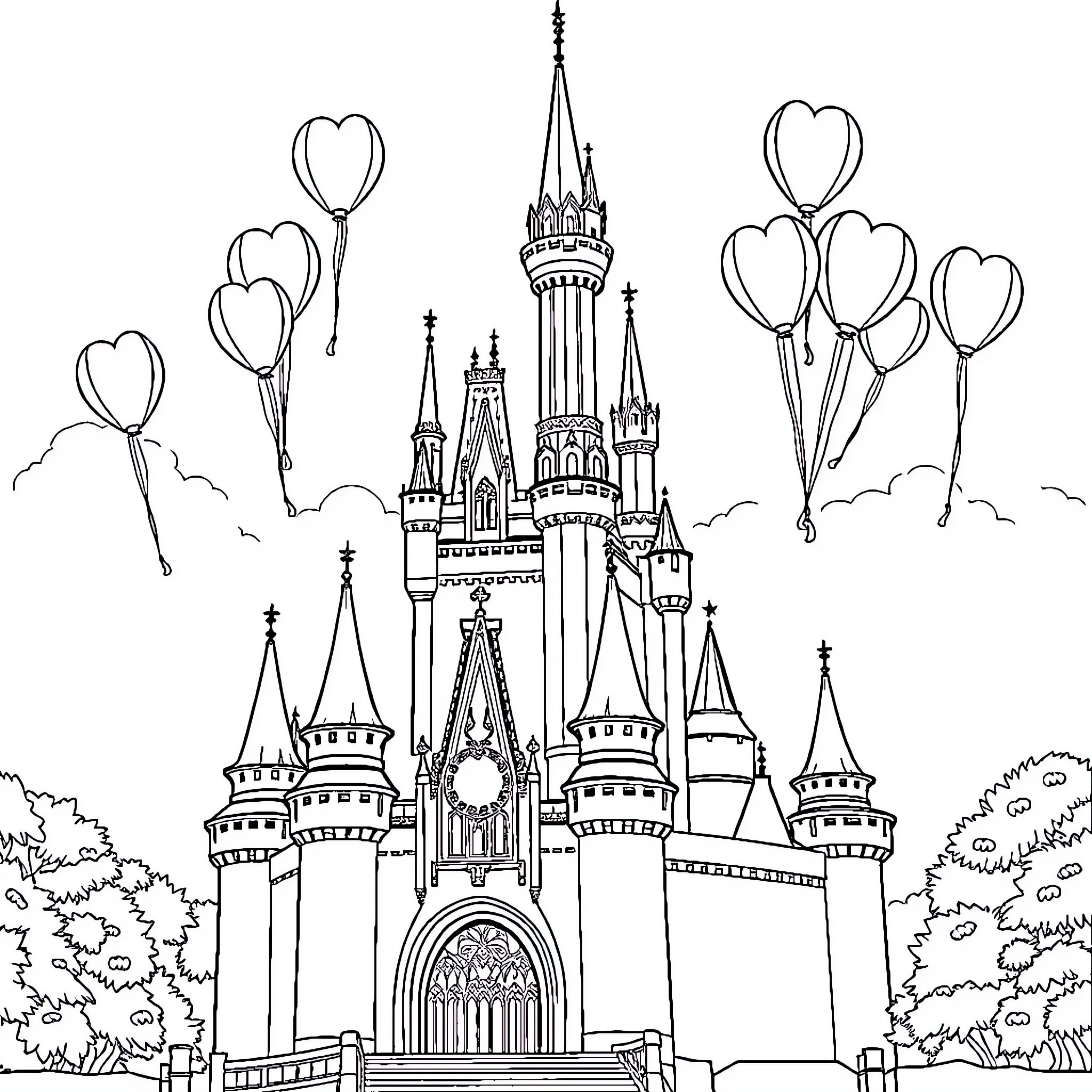 Castle with heart-shaped balloons and spires Coloring Page (free black-and-white line drawing printable PDF for all, from beginners to advanced learners, including children, teens, adults, and seniors)