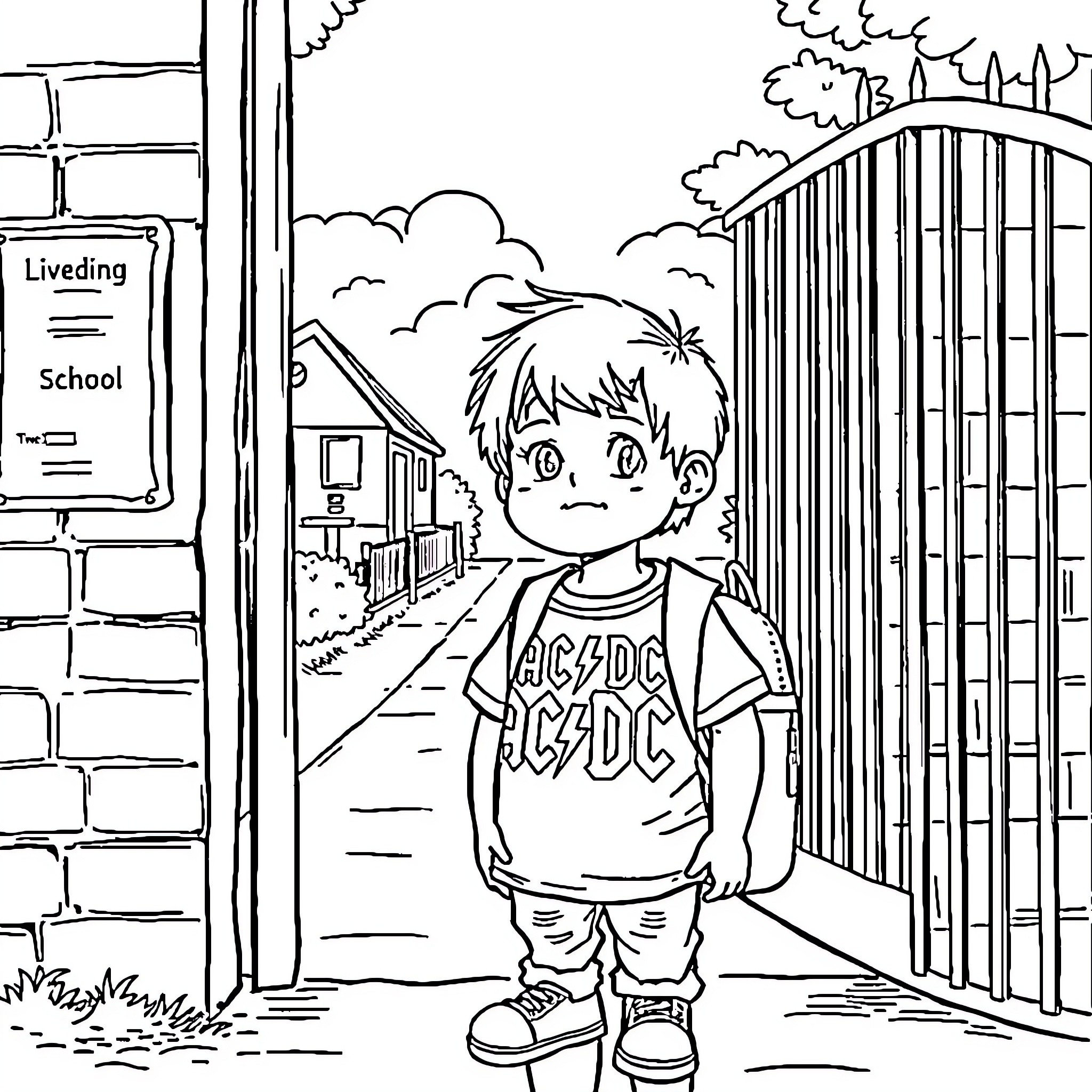 Child going to school on a sunny day Coloring Page (free black-and-white line drawing printable PDF for all, from beginners to advanced learners, including children, teens, adults, and seniors)