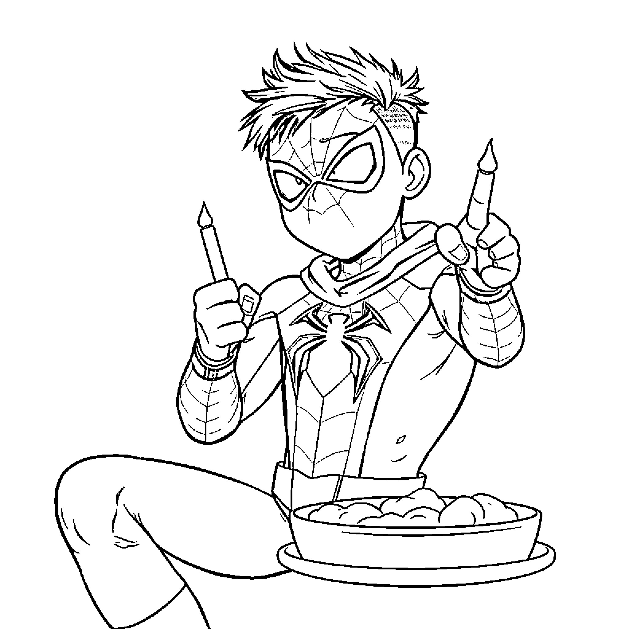 Spider-Man Enjoying a Meal and Pointing Up Coloring Page (free black-and-white line drawing printable PDF for all, from beginners to advanced learners, including children, teens, adults, and seniors)