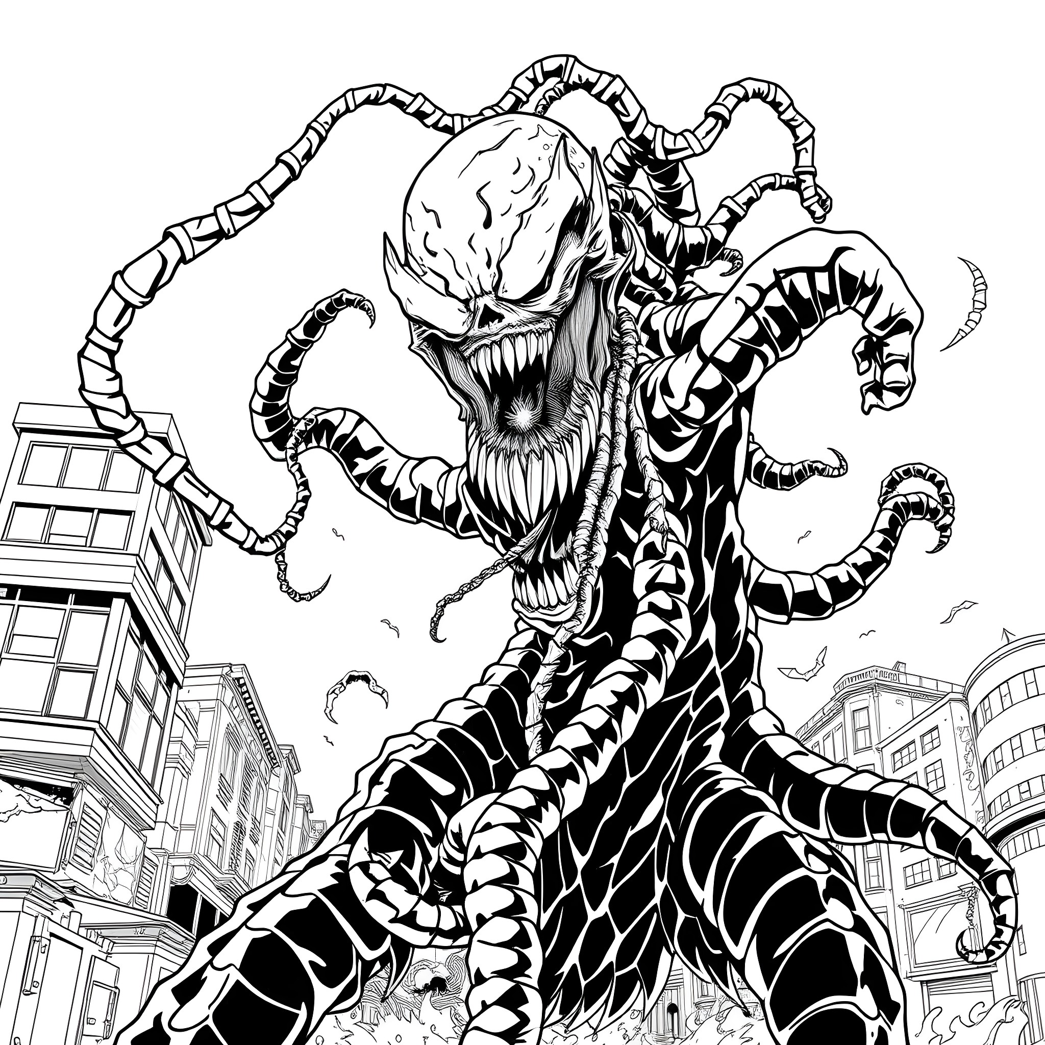 Bizarnage: Monstrous Rampage in the City Coloring Page (free black-and-white line drawing printable PDF for all, from beginners to advanced learners, including children, teens, adults, and seniors)