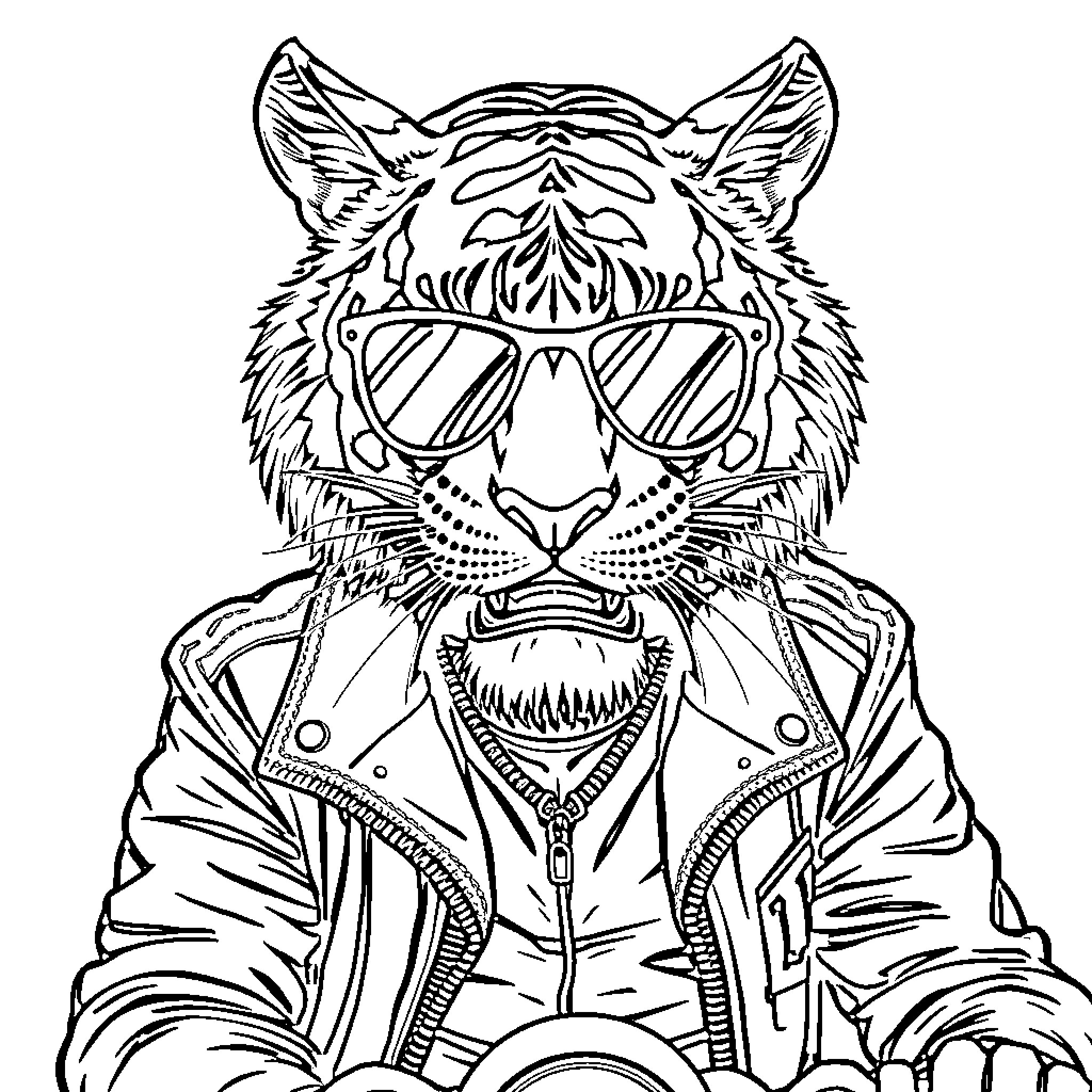Tiger in Stylish Biker Outfit Coloring Page (free black-and-white line drawing printable PDF for all, from beginners to advanced learners, including children, teens, adults, and seniors)