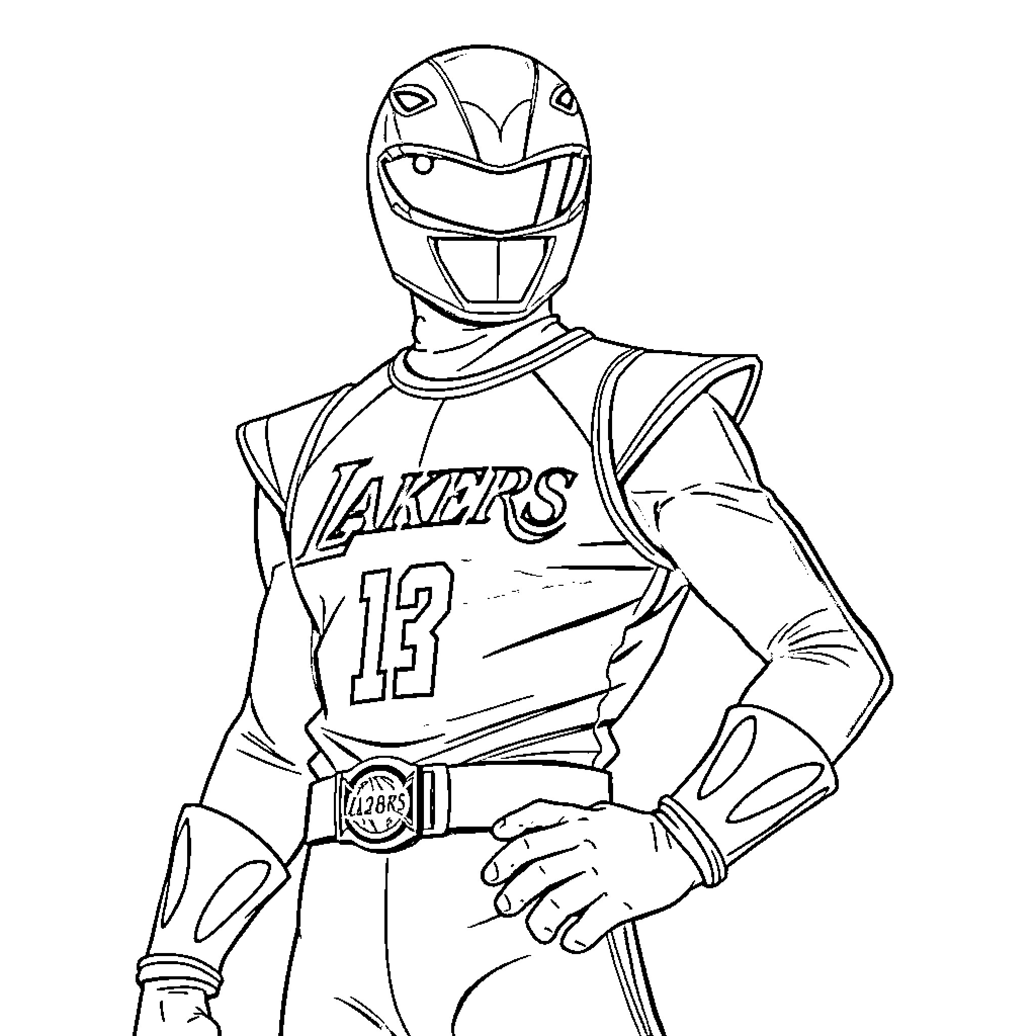 Power Ranger in Lakers Jersey Posing Heroically Coloring Page (free black-and-white line drawing printable PDF for all, from beginners to advanced learners, including children, teens, adults, and seniors)