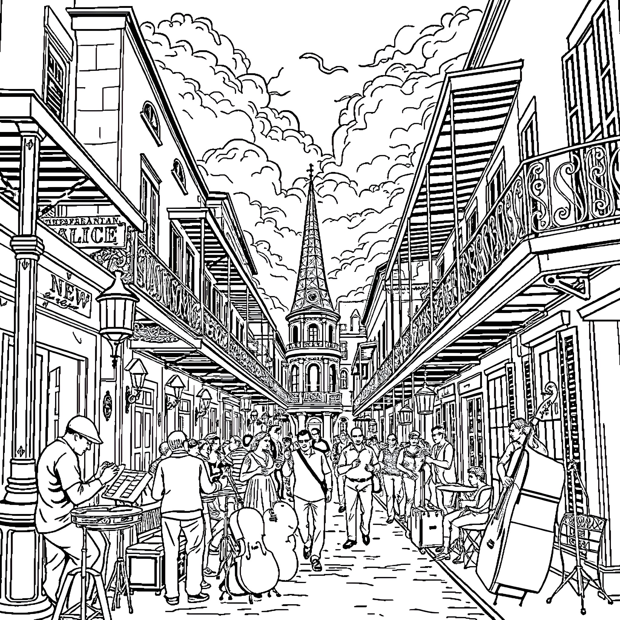 New Orleans Bustling Street Scene with Iconic Architecture Coloring Page (free black-and-white line drawing printable PDF for all, from beginners to advanced learners, including children, teens, adults, and seniors)