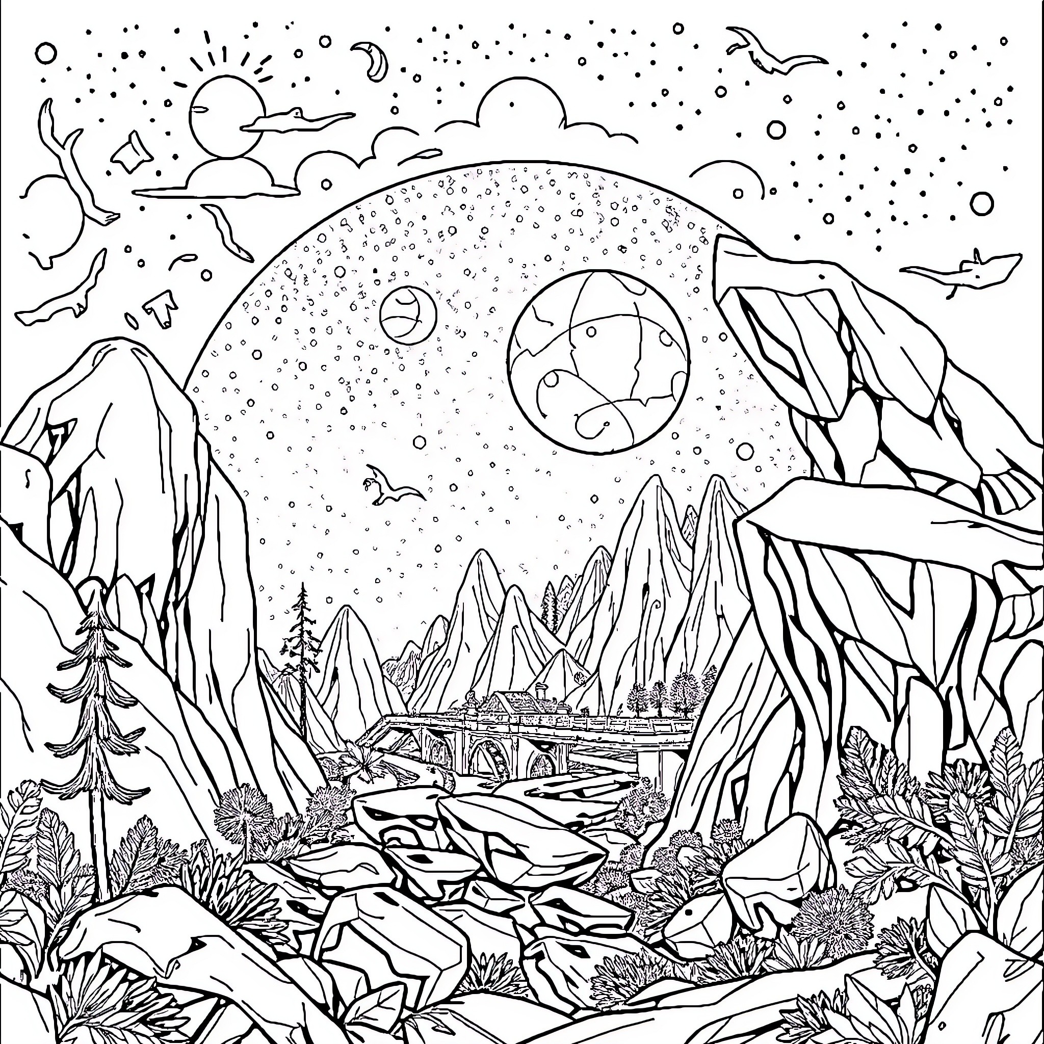 Outer Wilds: Mysterious Celestial Landscape Exploration Coloring Page (free black-and-white line drawing printable PDF for all, from beginners to advanced learners, including children, teens, adults, and seniors)