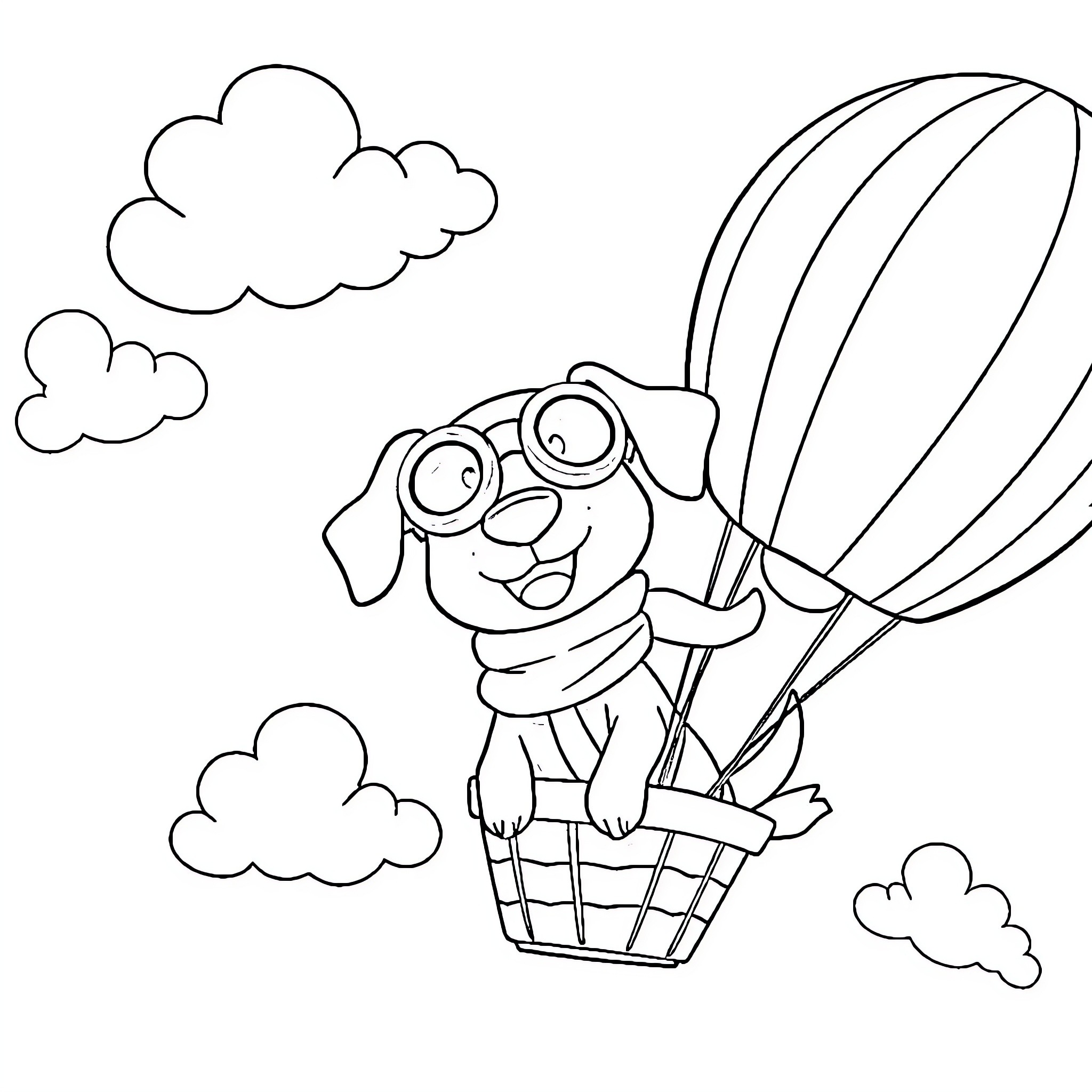 Dog riding in a hot air balloon with clouds Coloring Page (free black-and-white line drawing printable PDF for all, from beginners to advanced learners, including children, teens, adults, and seniors)