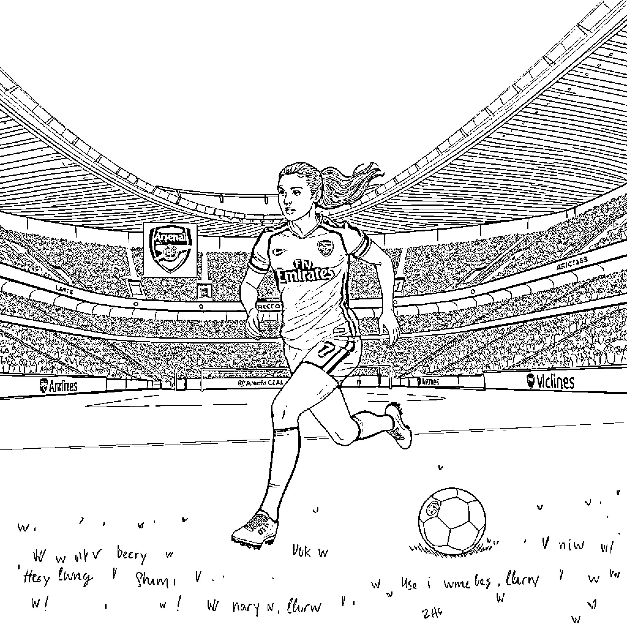 Alessia Russo running on the soccer field Coloring Page (free black-and-white line drawing printable PDF for all, from beginners to advanced learners, including children, teens, adults, and seniors)