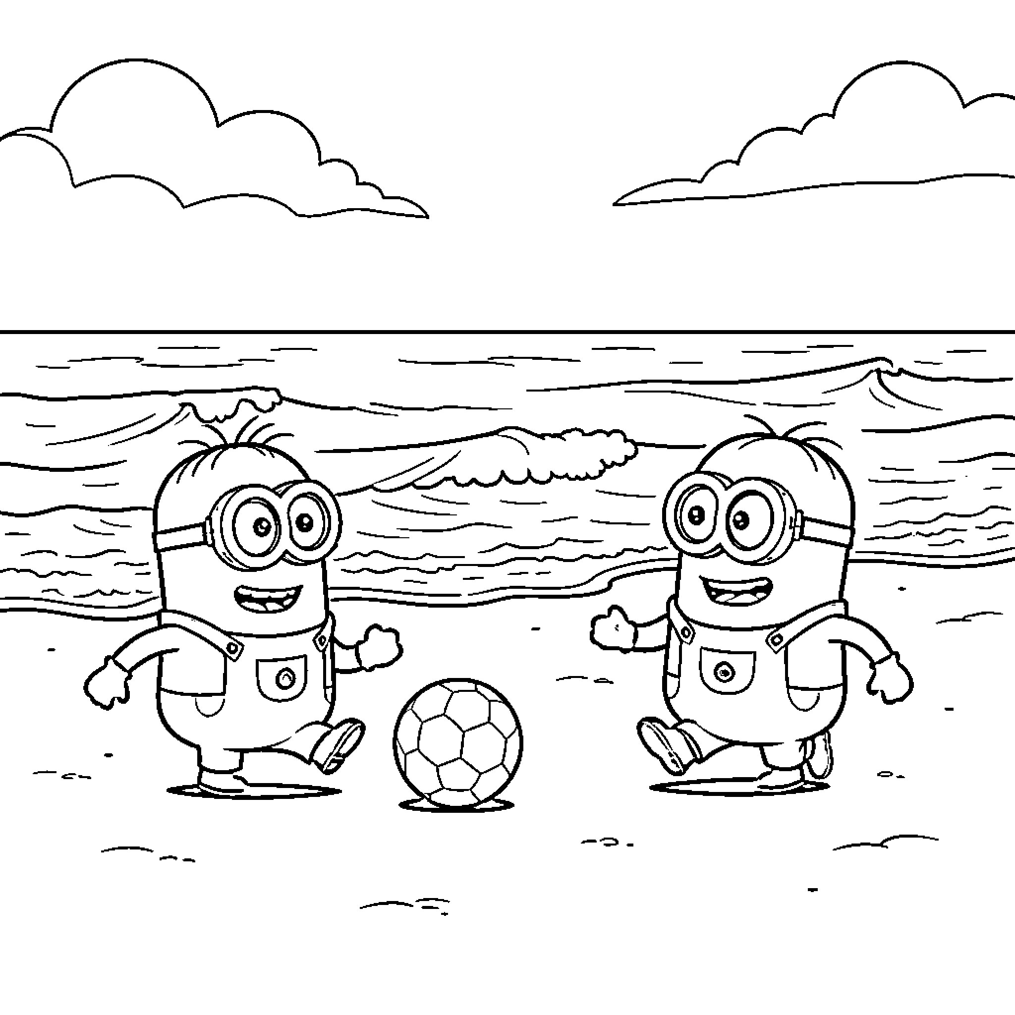 Minions playing soccer on the beach Coloring Page (free black-and-white line drawing printable PDF for all, from beginners to advanced learners, including children, teens, adults, and seniors)