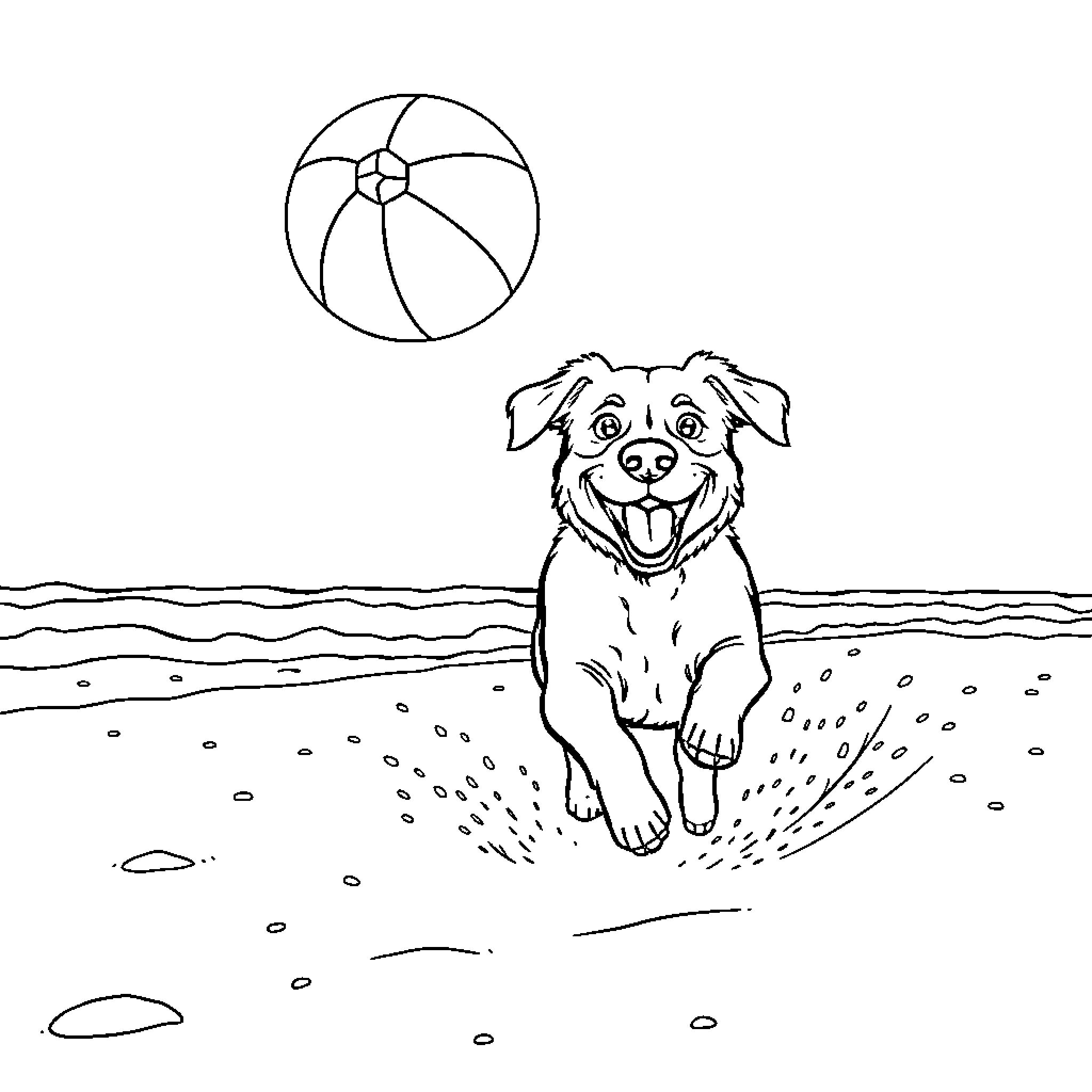 Dog playing with beach ball on the shore Coloring Page (free black-and-white line drawing printable PDF for all, from beginners to advanced learners, including children, teens, adults, and seniors)