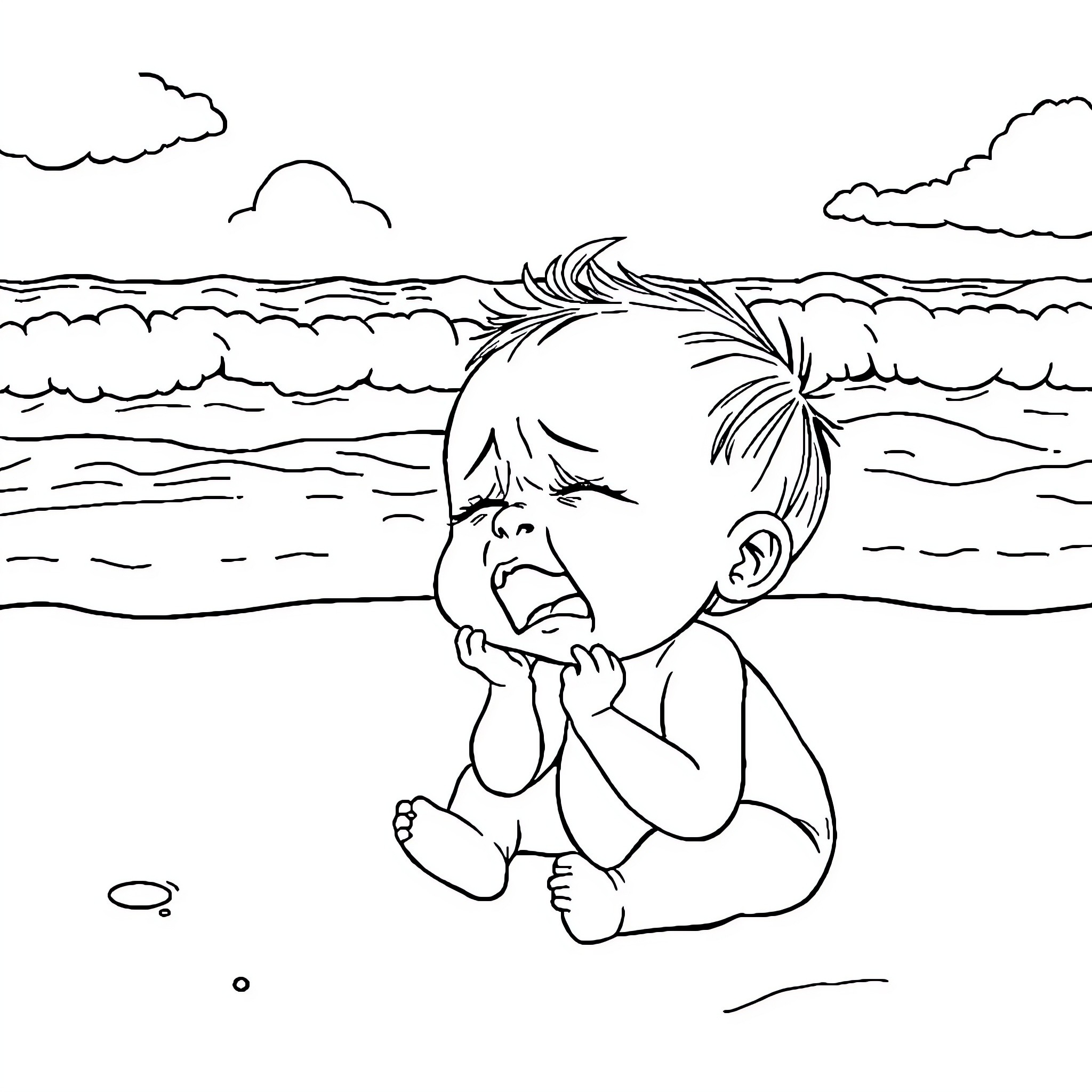 Baby Enjoying a Day at the Beach Coloring Page (free black-and-white line drawing printable PDF for all, from beginners to advanced learners, including children, teens, adults, and seniors)