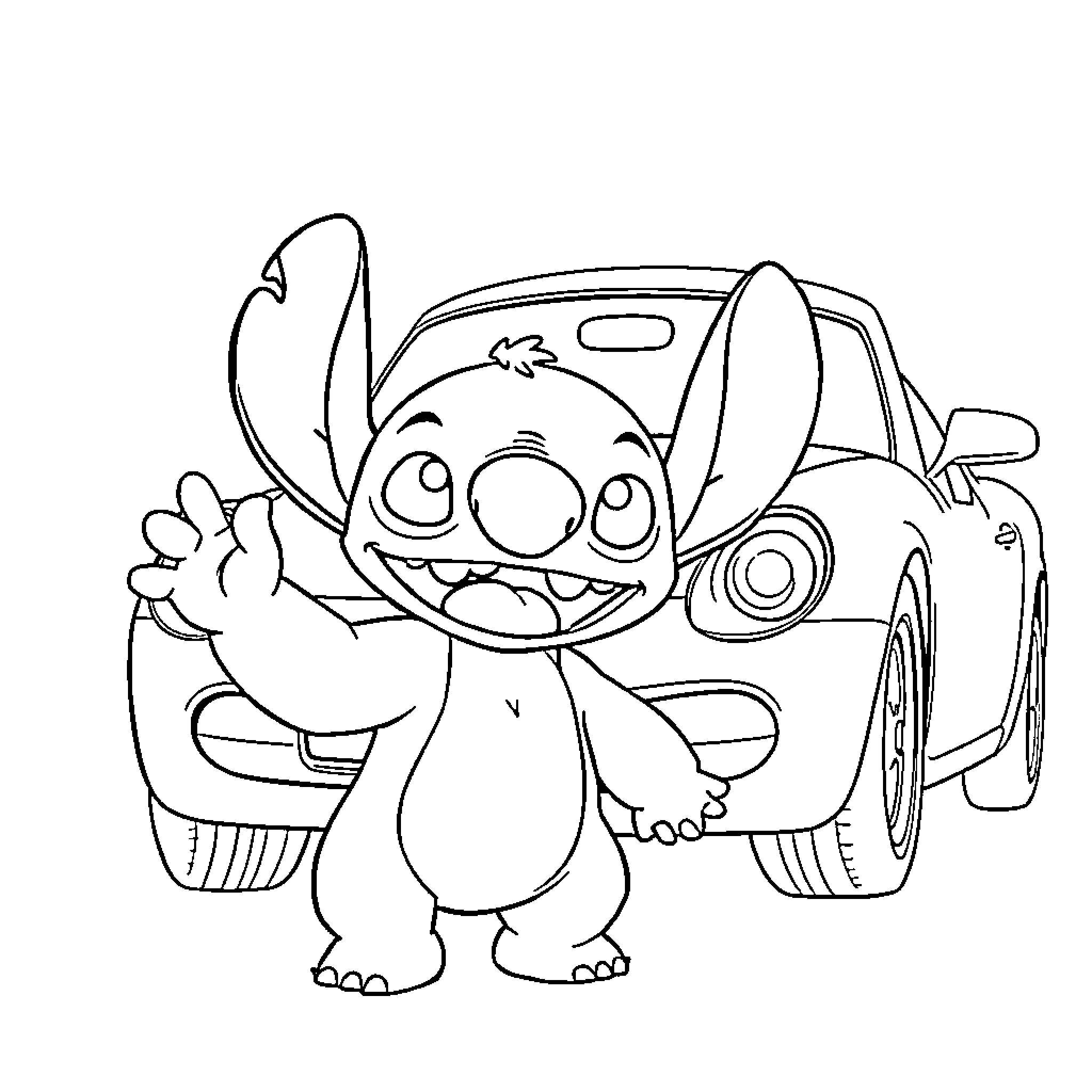 Stitch posing happily with a car Coloring Page (free black-and-white line drawing printable PDF for all, from beginners to advanced learners, including children, teens, adults, and seniors)
