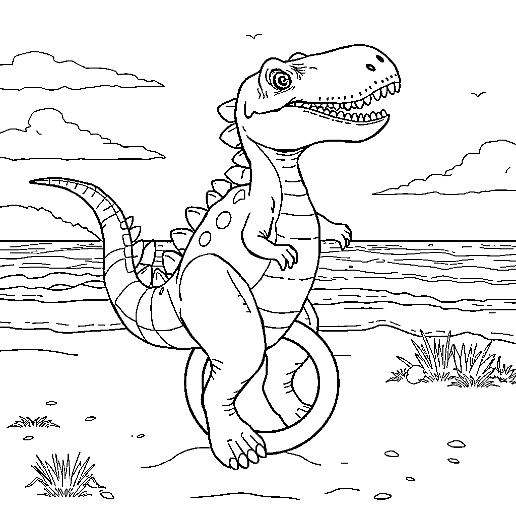 Dino stomping happily in the wild outdoors Coloring Page (free black-and-white line drawing printable PDF for all, from beginners to advanced learners, including children, teens, adults, and seniors)