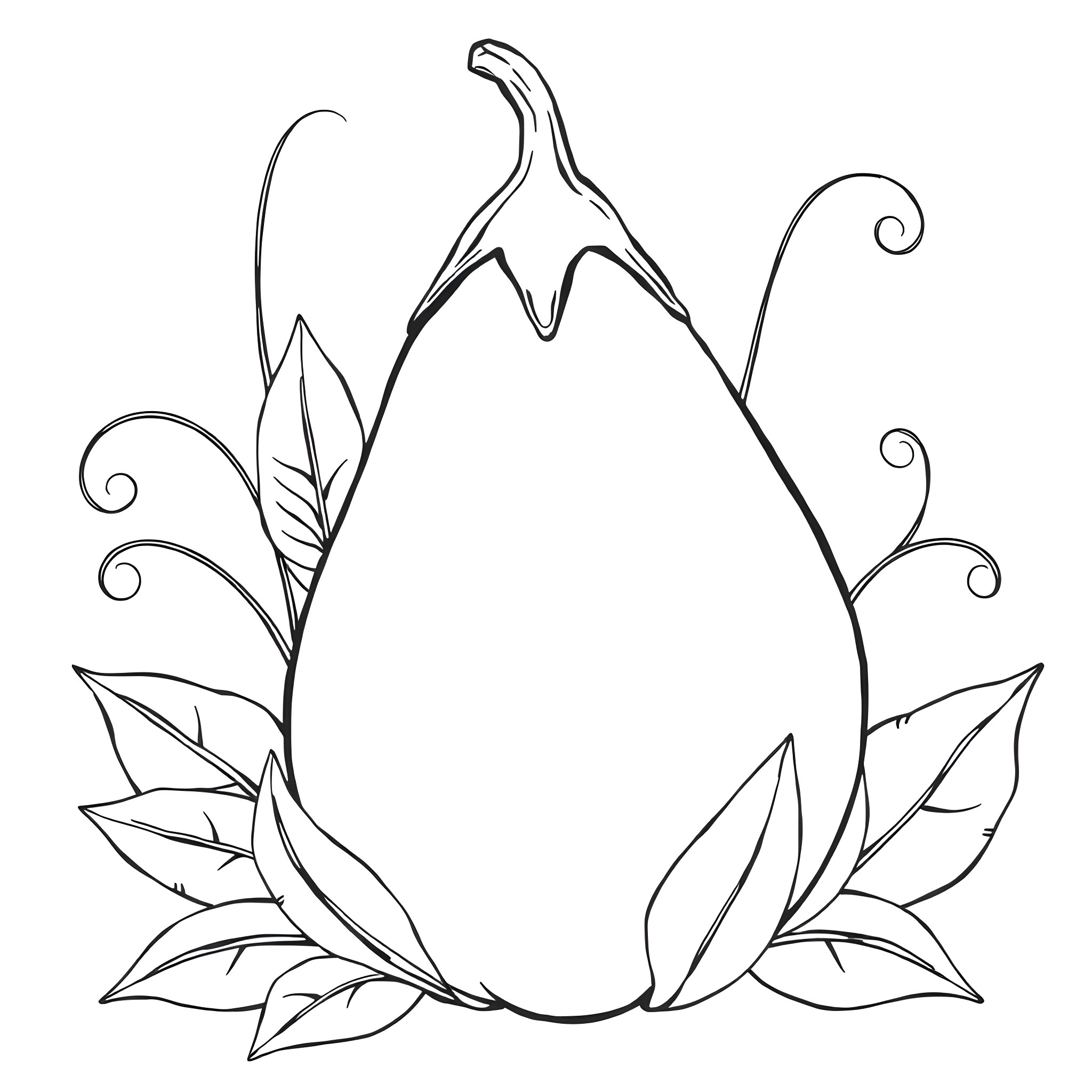 Eggplant with Decorative Leaves and Swirls Coloring Page (free black-and-white line drawing printable PDF for all, from beginners to advanced learners, including children, teens, adults, and seniors)