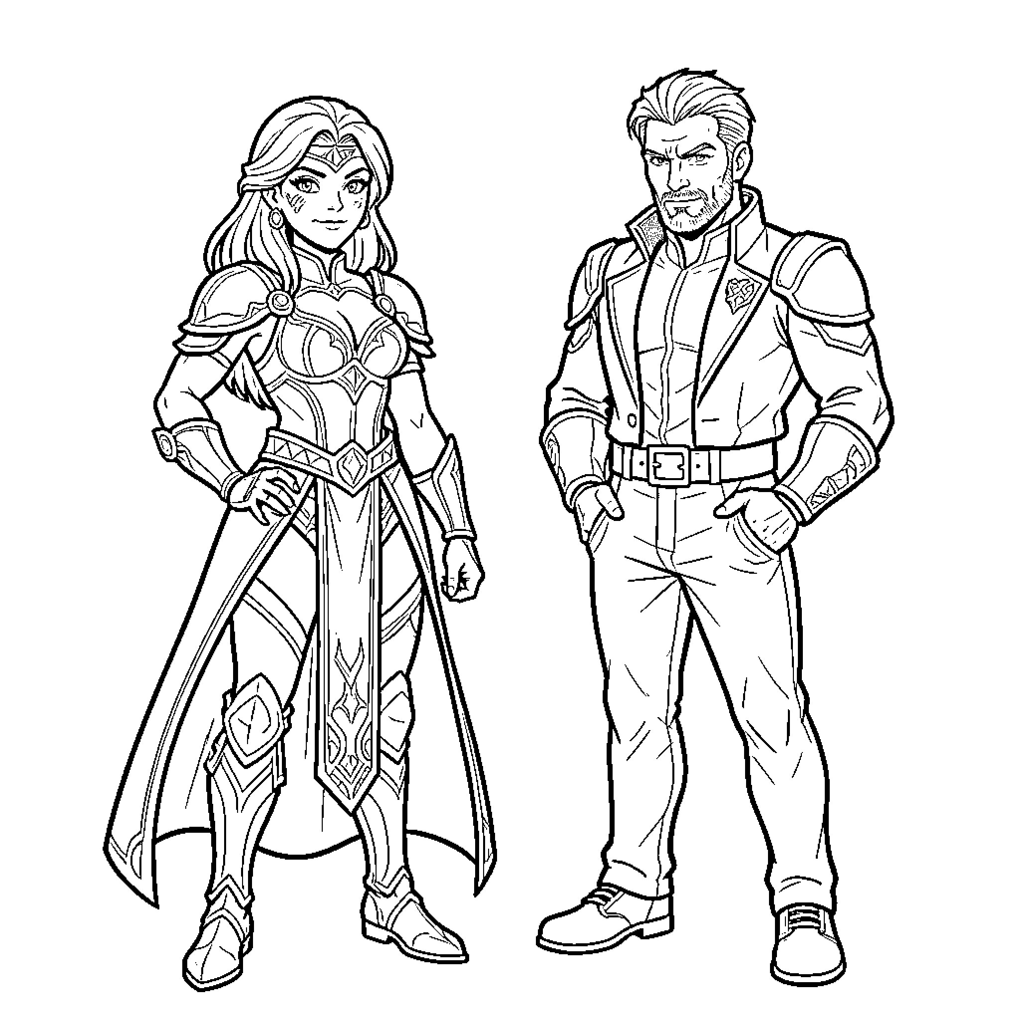 Leona Kingscholar and Captain Gilthunder in Heroic Poses Coloring Page (free black-and-white line drawing printable PDF for all, from beginners to advanced learners, including children, teens, adults, and seniors)