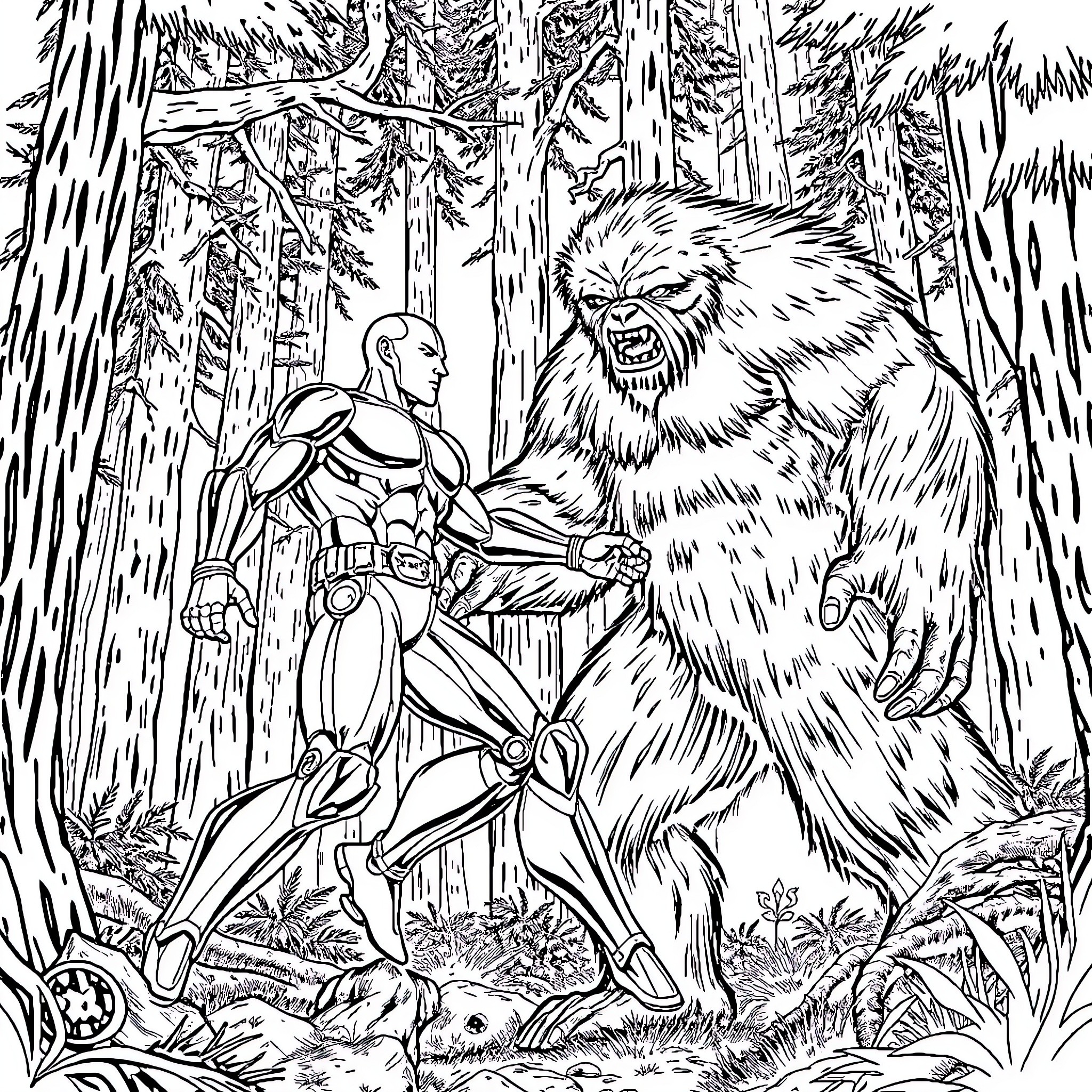 Bionic Man encounters mysterious forest creature Coloring Page (free black-and-white line drawing printable PDF for all, from beginners to advanced learners, including children, teens, adults, and seniors)