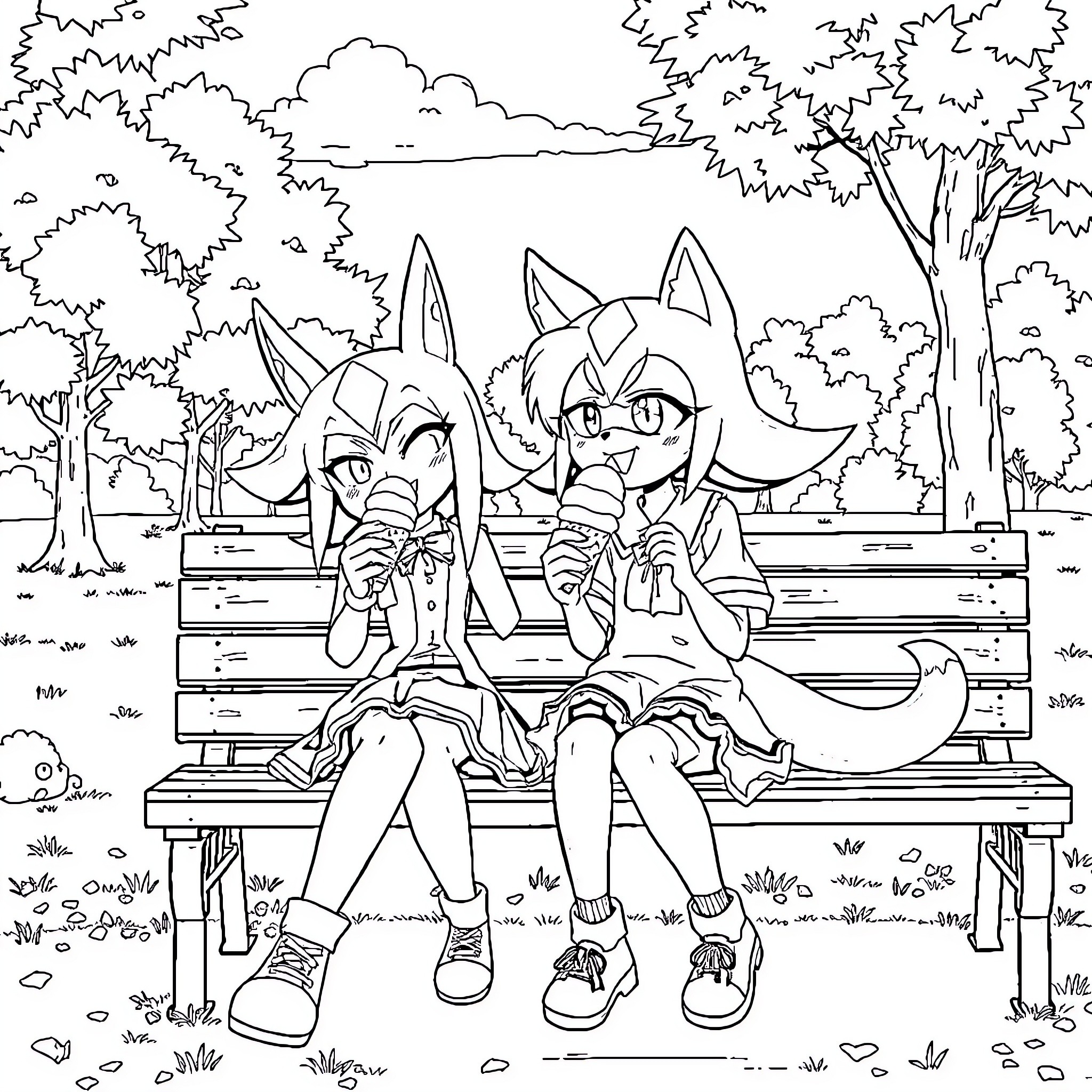 Kuromi enjoying a peaceful day outdoors with a friend Coloring Page (free black-and-white line drawing printable PDF for all, from beginners to advanced learners, including children, teens, adults, and seniors)