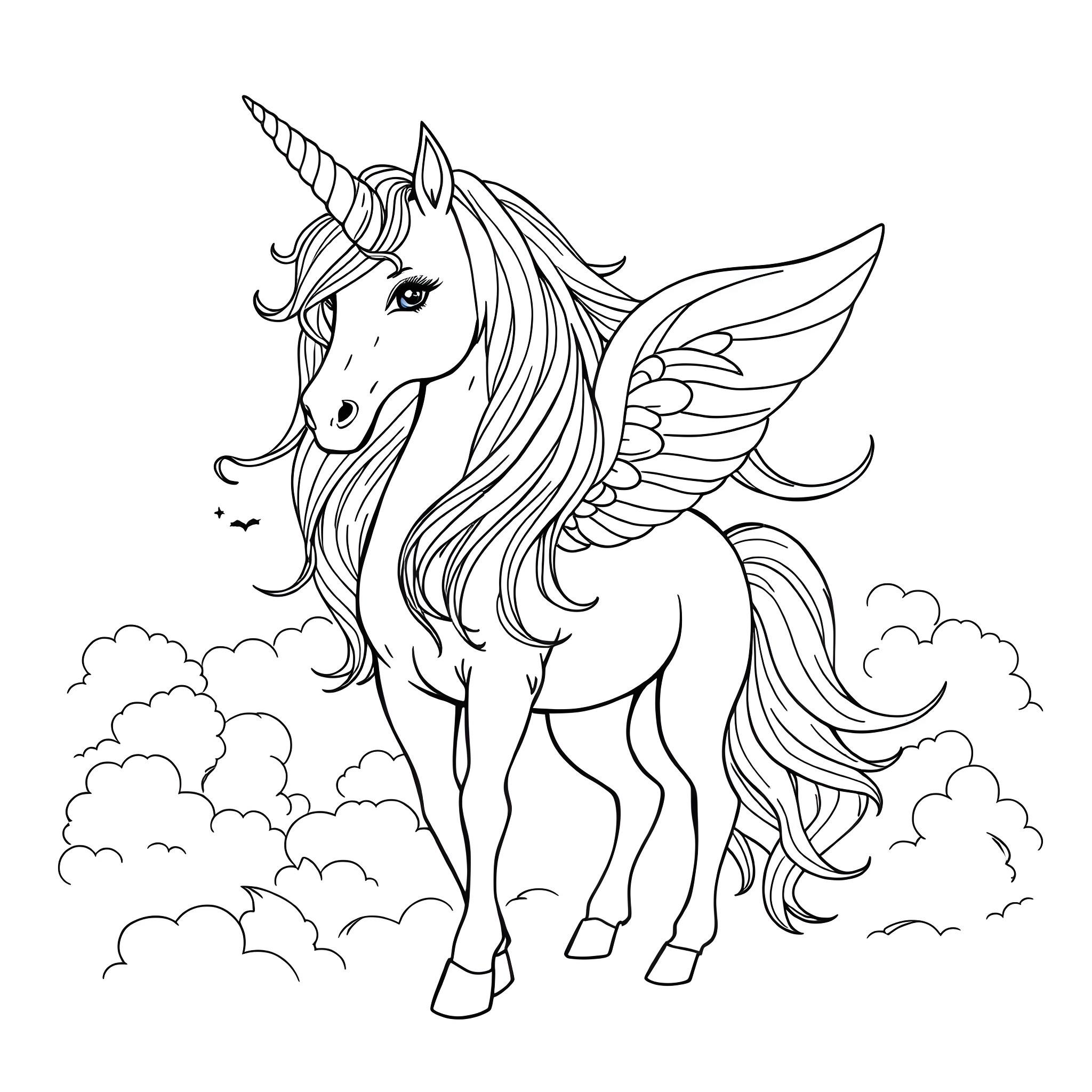 Unicorn with majestic wings soaring through the clouds Coloring Page (free black-and-white line drawing printable PDF for all, from beginners to advanced learners, including children, teens, adults, and seniors)