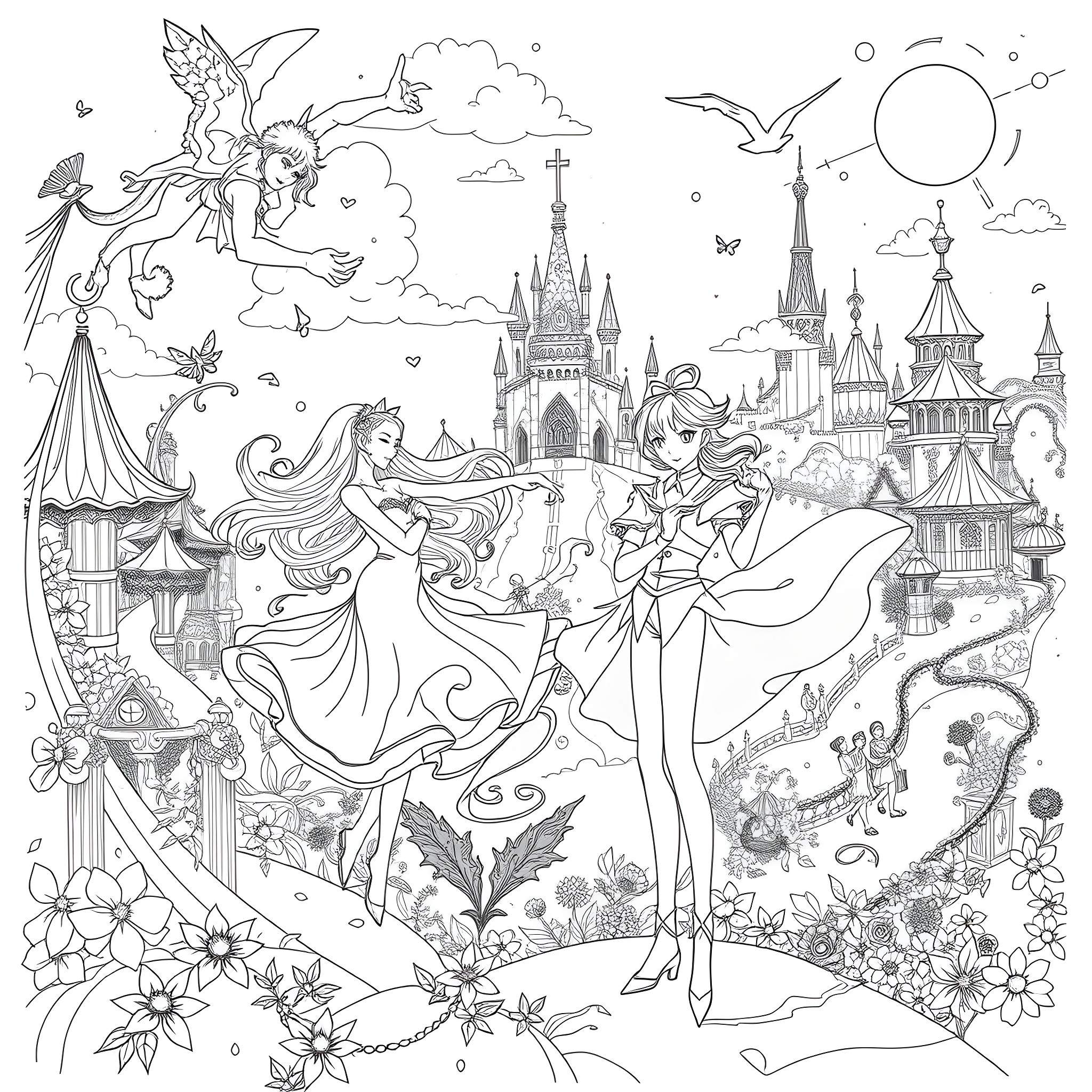Anime characters in a magical fantasy landscape Coloring Page (free black-and-white line drawing printable PDF for all, from beginners to advanced learners, including children, teens, adults, and seniors)