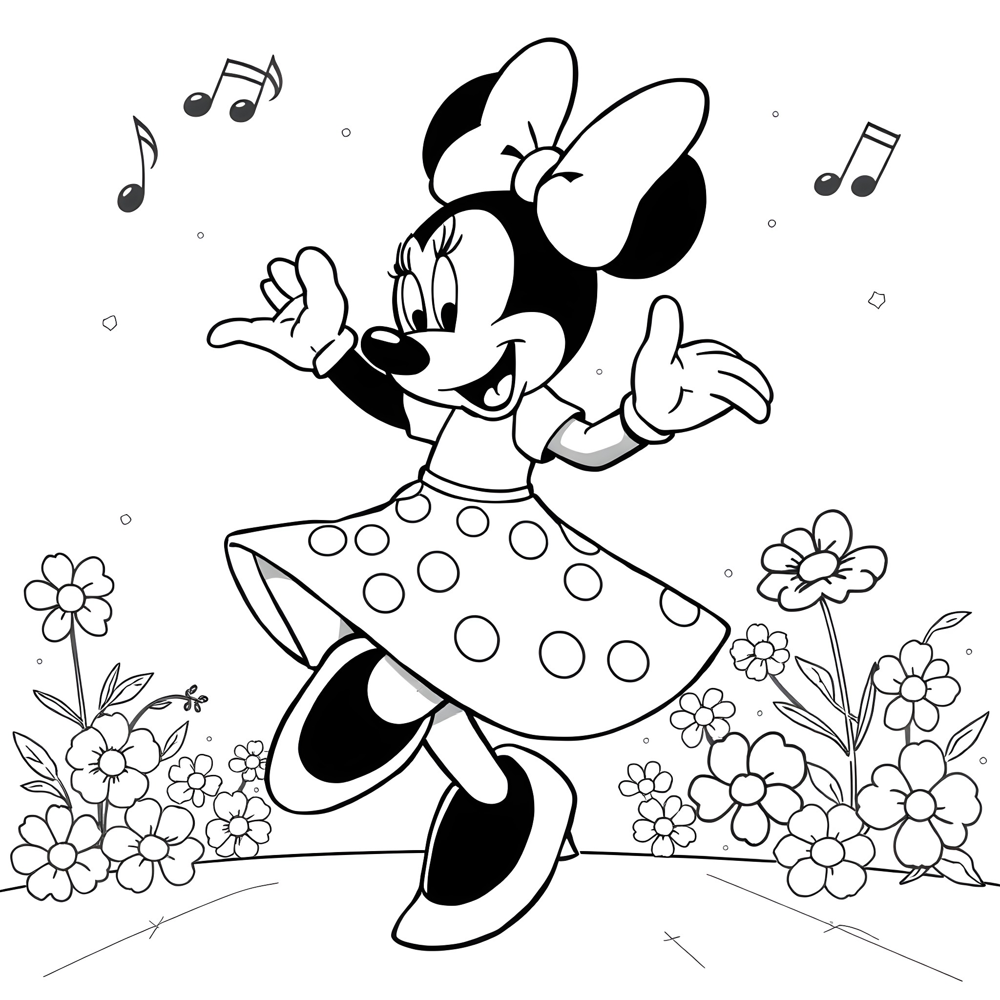 Minnie singing joyfully in a flowery meadow Coloring Page (free black-and-white line drawing printable PDF for all, from beginners to advanced learners, including children, teens, adults, and seniors)